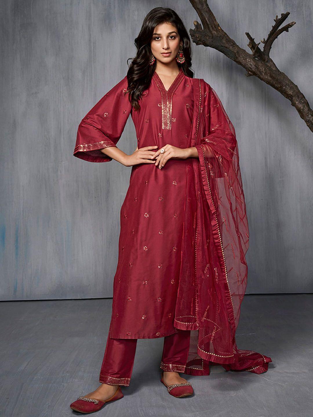 inddus floral embroidered sequinned pure silk kurta with trousers & dupatta
