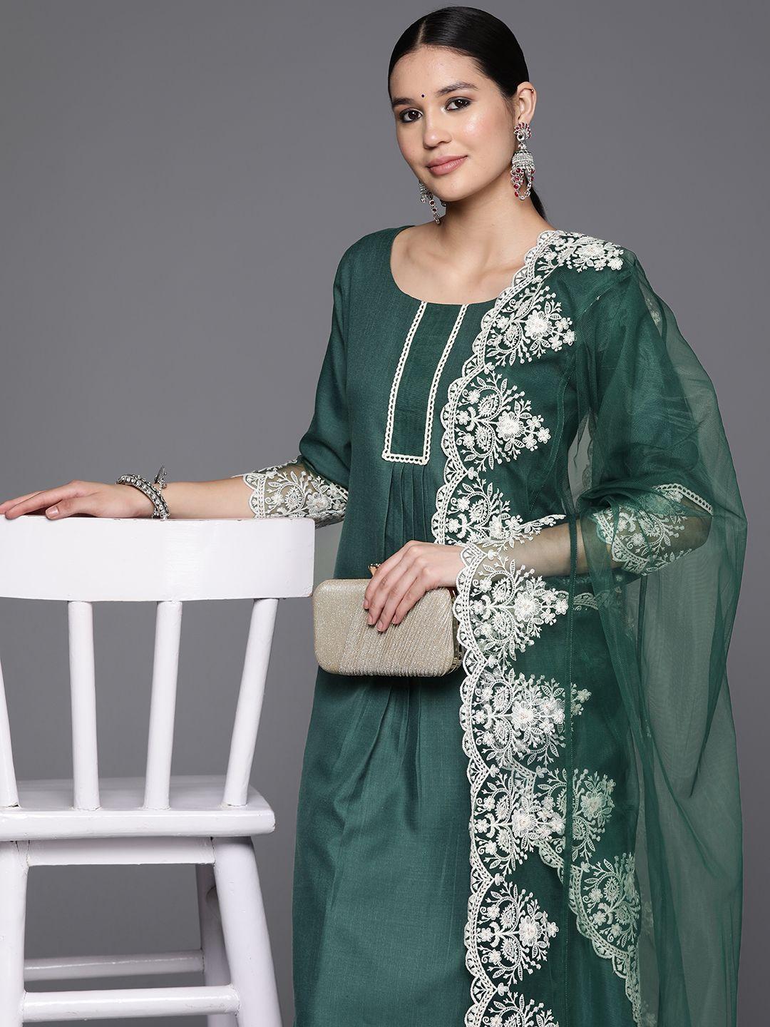 inddus floral embroidered thread work kurta with trousers & with dupatta