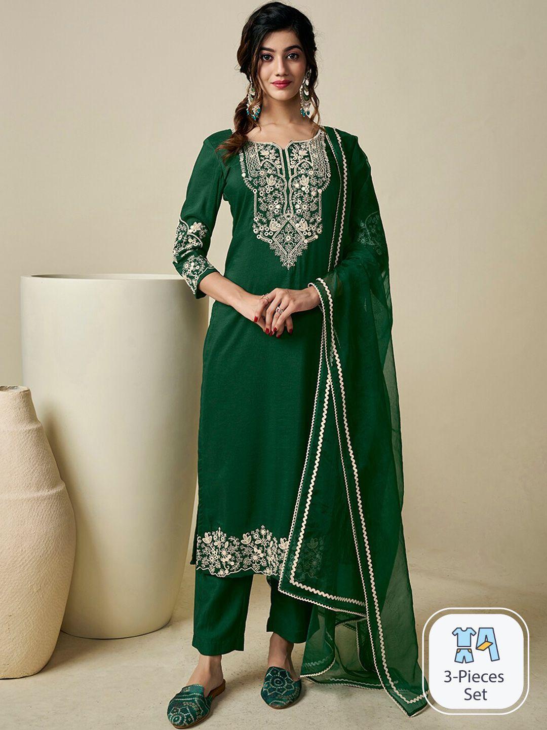 inddus floral embroidered thread work kurta with trousers & with dupatta