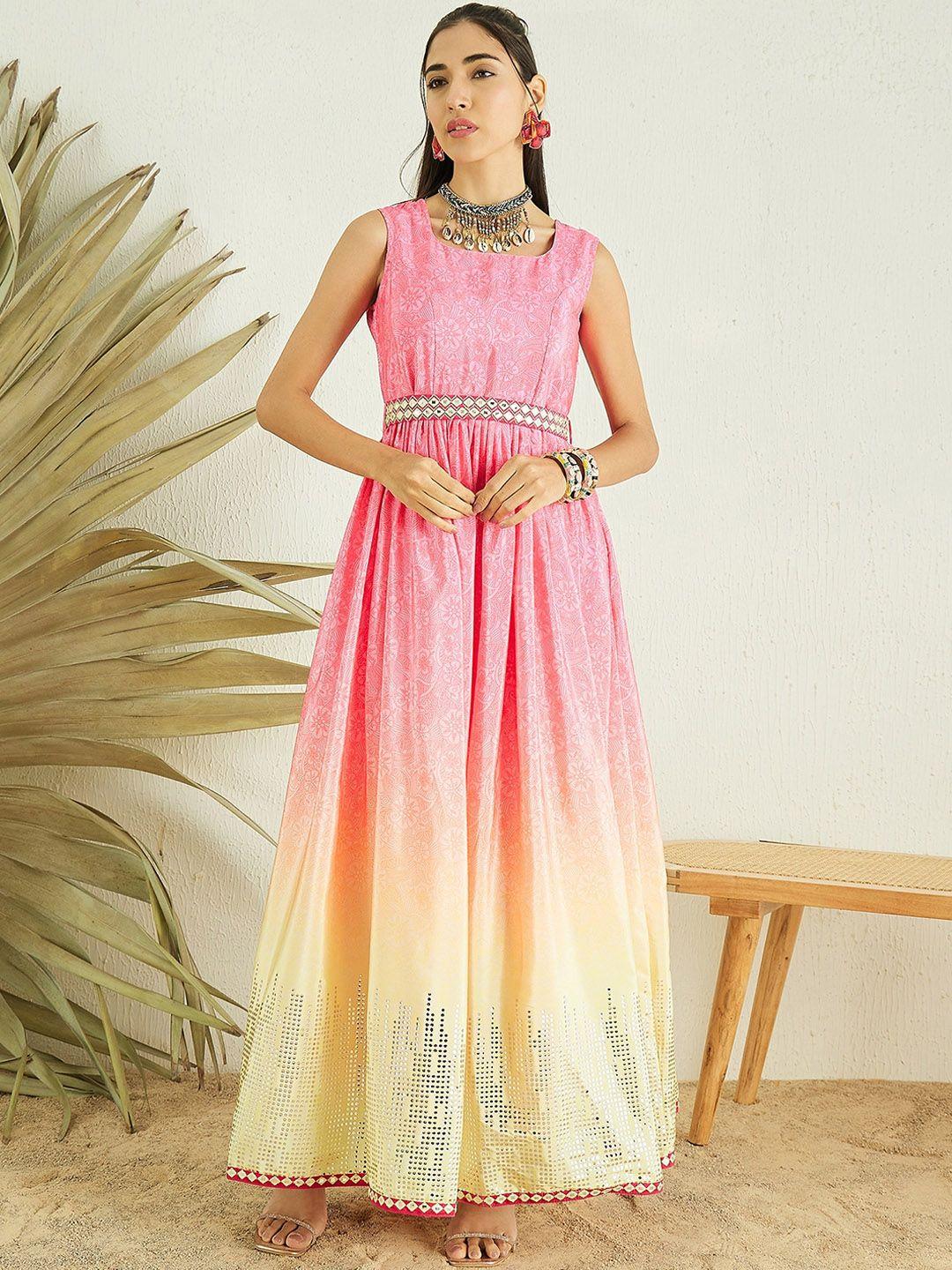 inddus floral print ombre mirror work embroidered belted ethnic maxi dress