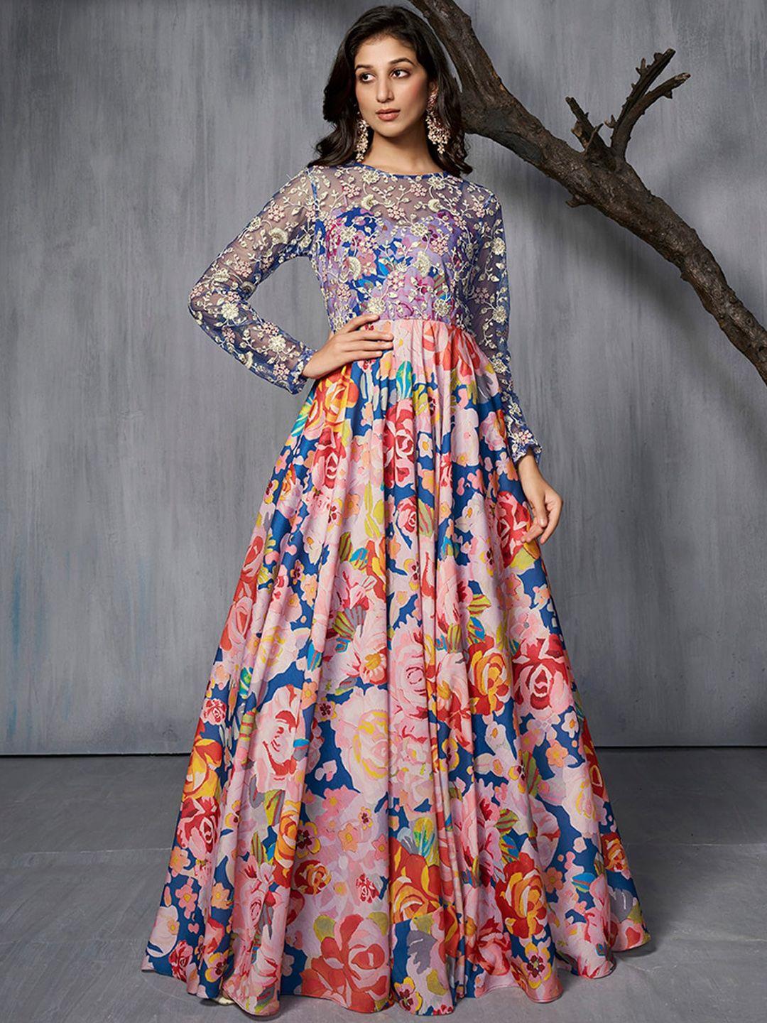 inddus floral printed & embroidered fit-flared maxi gown