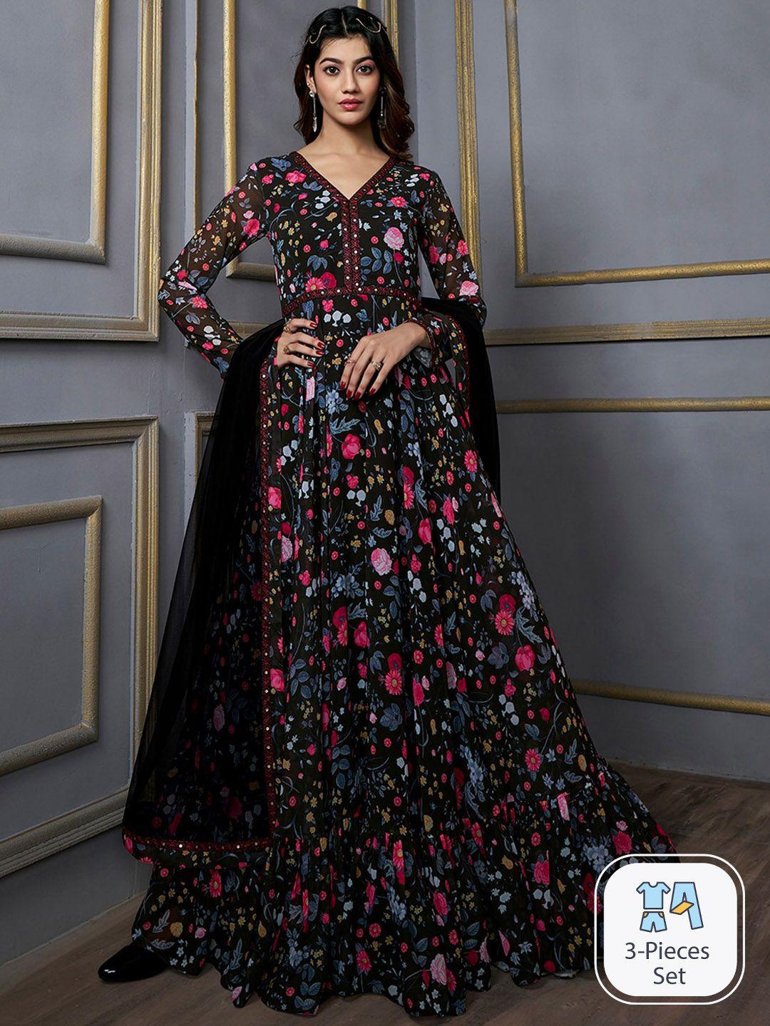 inddus floral printed anarkali maxi kurta with dupatta