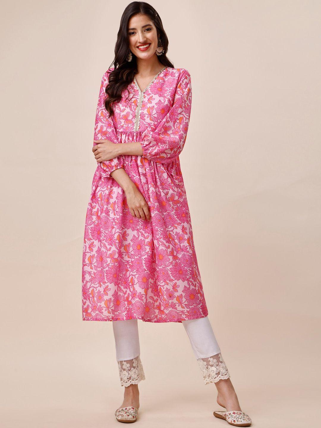 inddus floral printed puff sleeves pleated a-line kurta