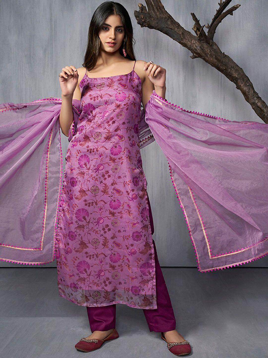 inddus floral printed regular gotta patti organza kurta with trousers & dupatta