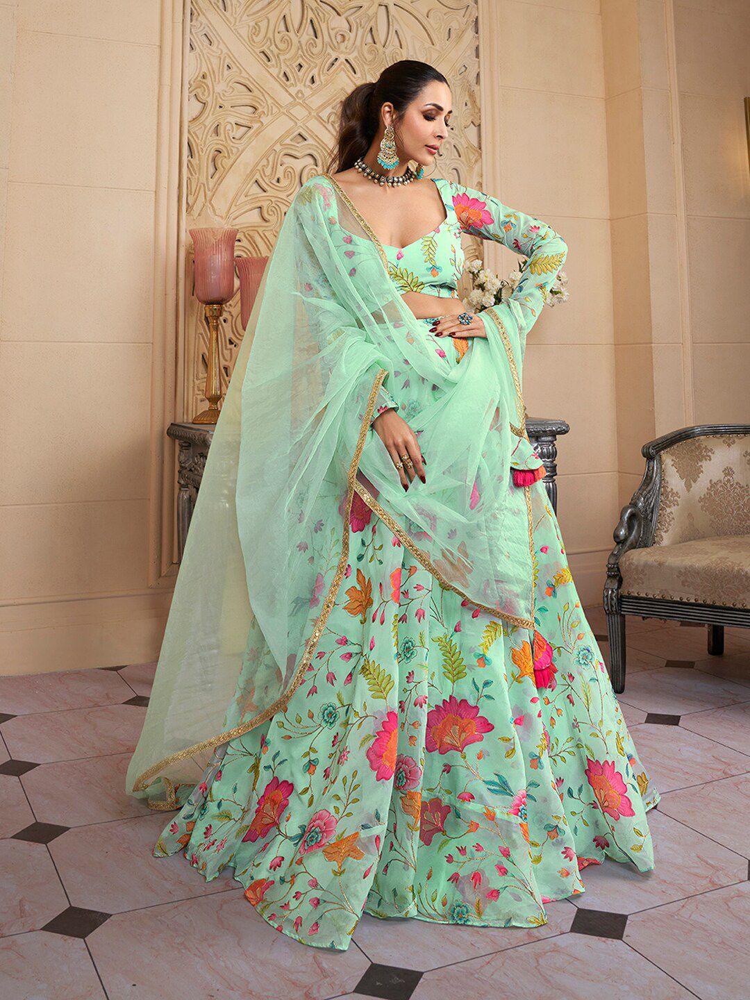 inddus floral printed semi-stitched organza lehenga & unstitched blouse with dupatta