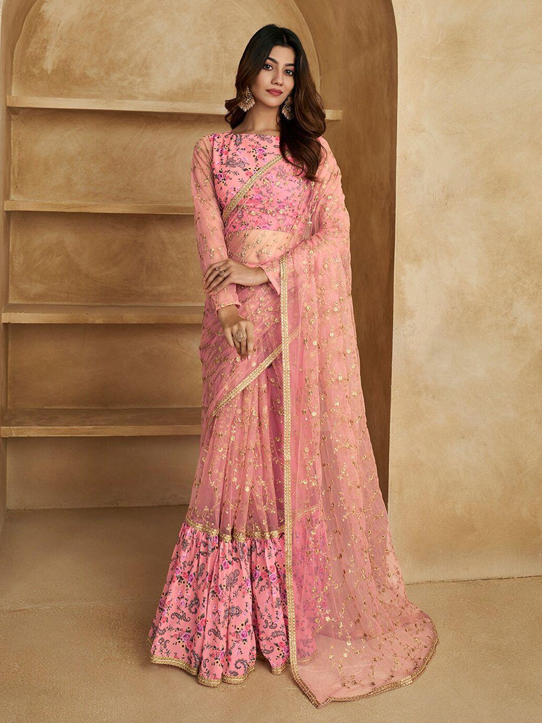 inddus floral sequines embroidered ruffled saree