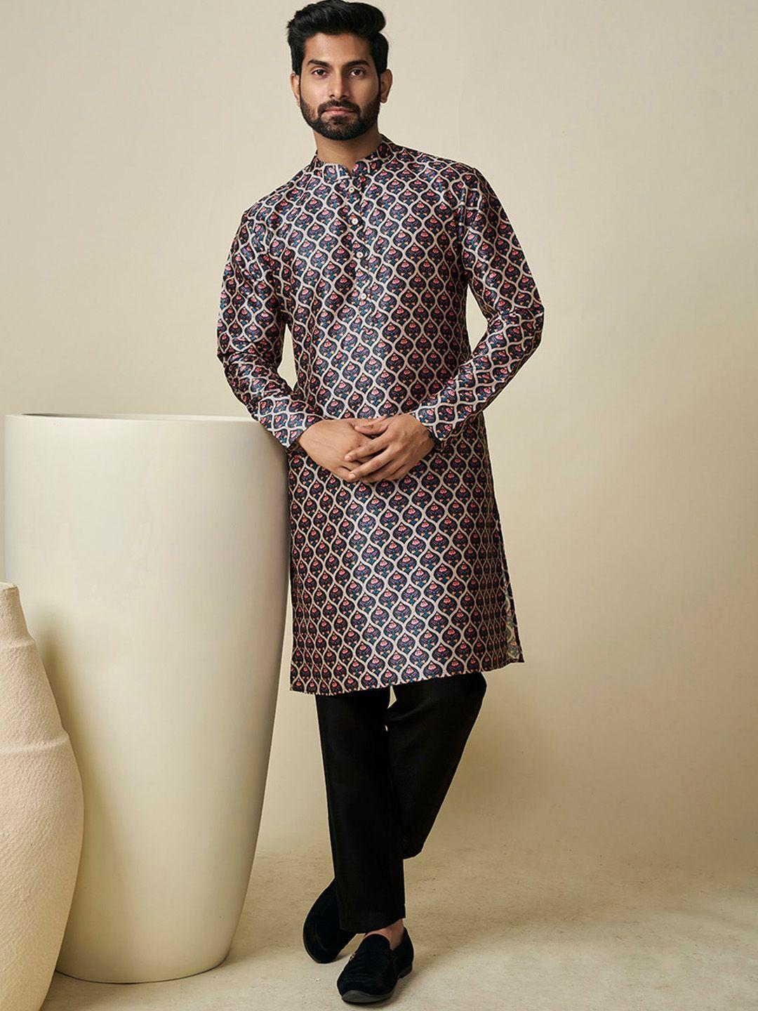 inddus floral woven design mandarin collar regular kurta