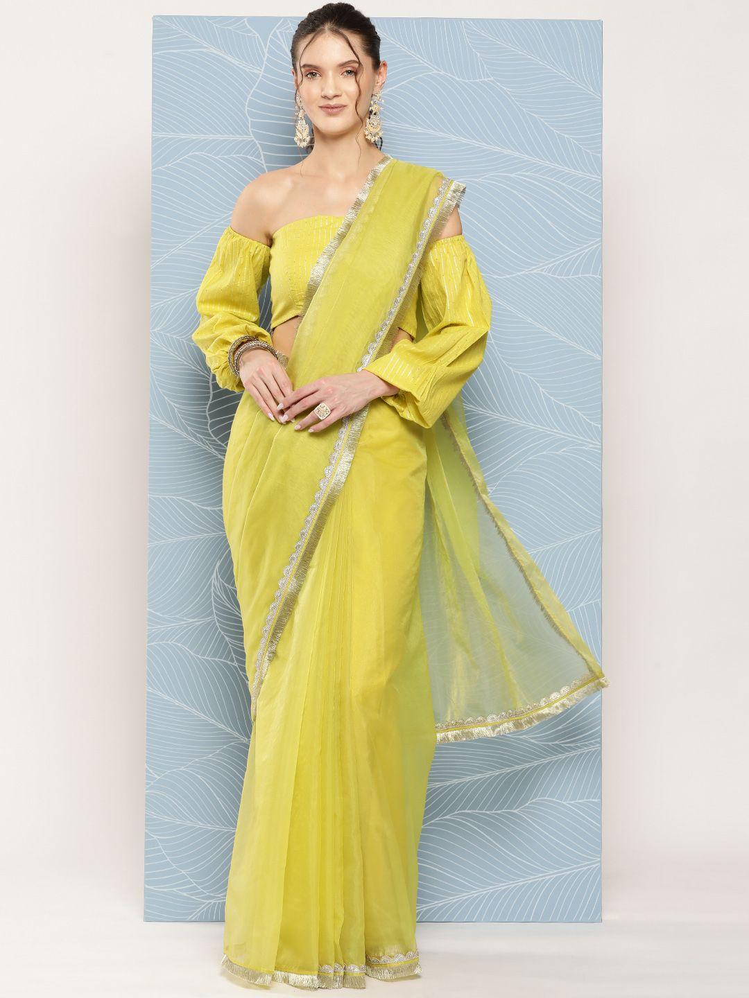 inddus fluorescent green organza saree