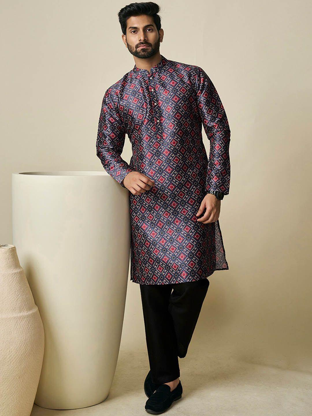 inddus geometric printed mandarin collar kurta