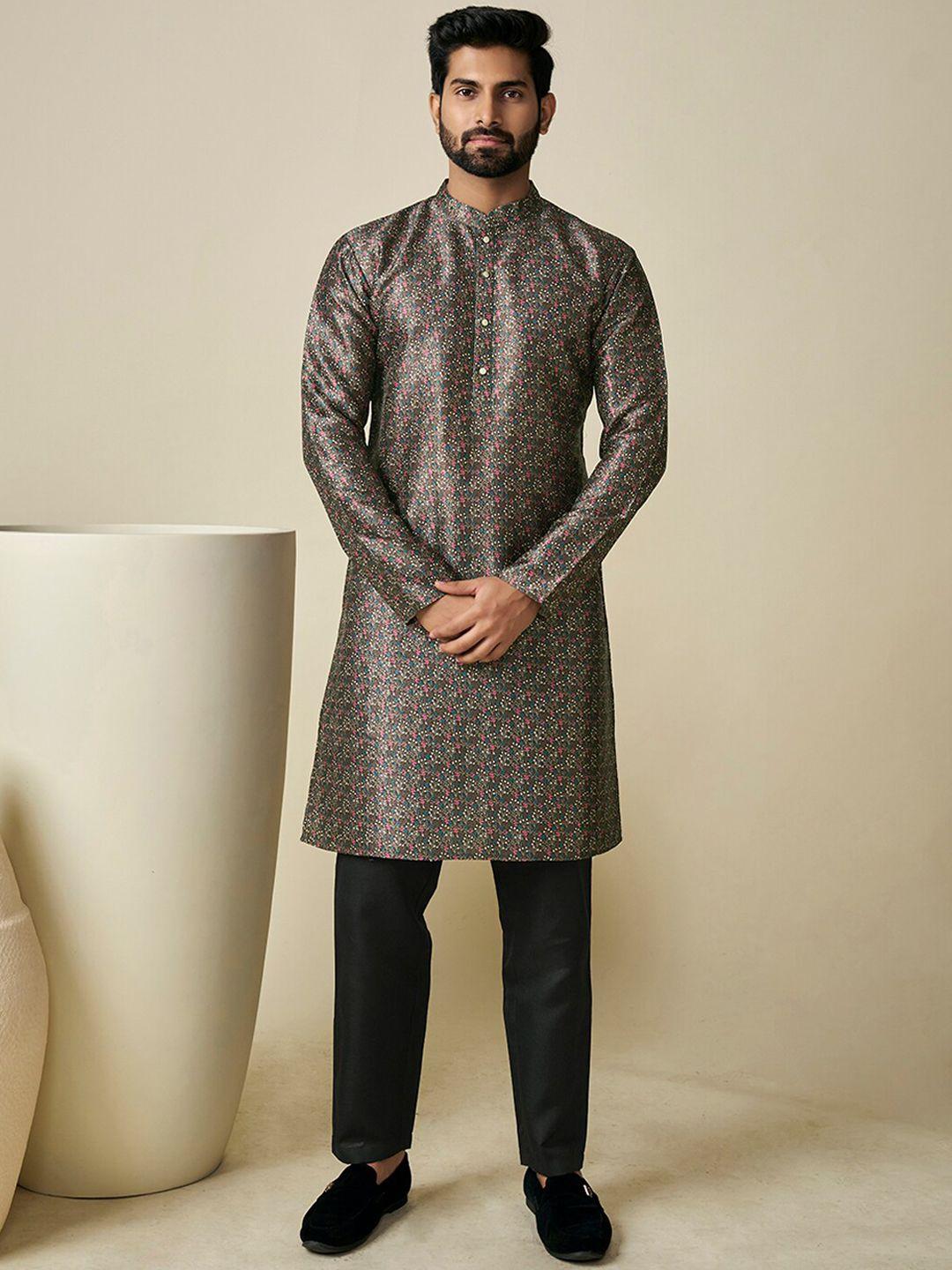 inddus geometric woven design mandarin collar regular kurta