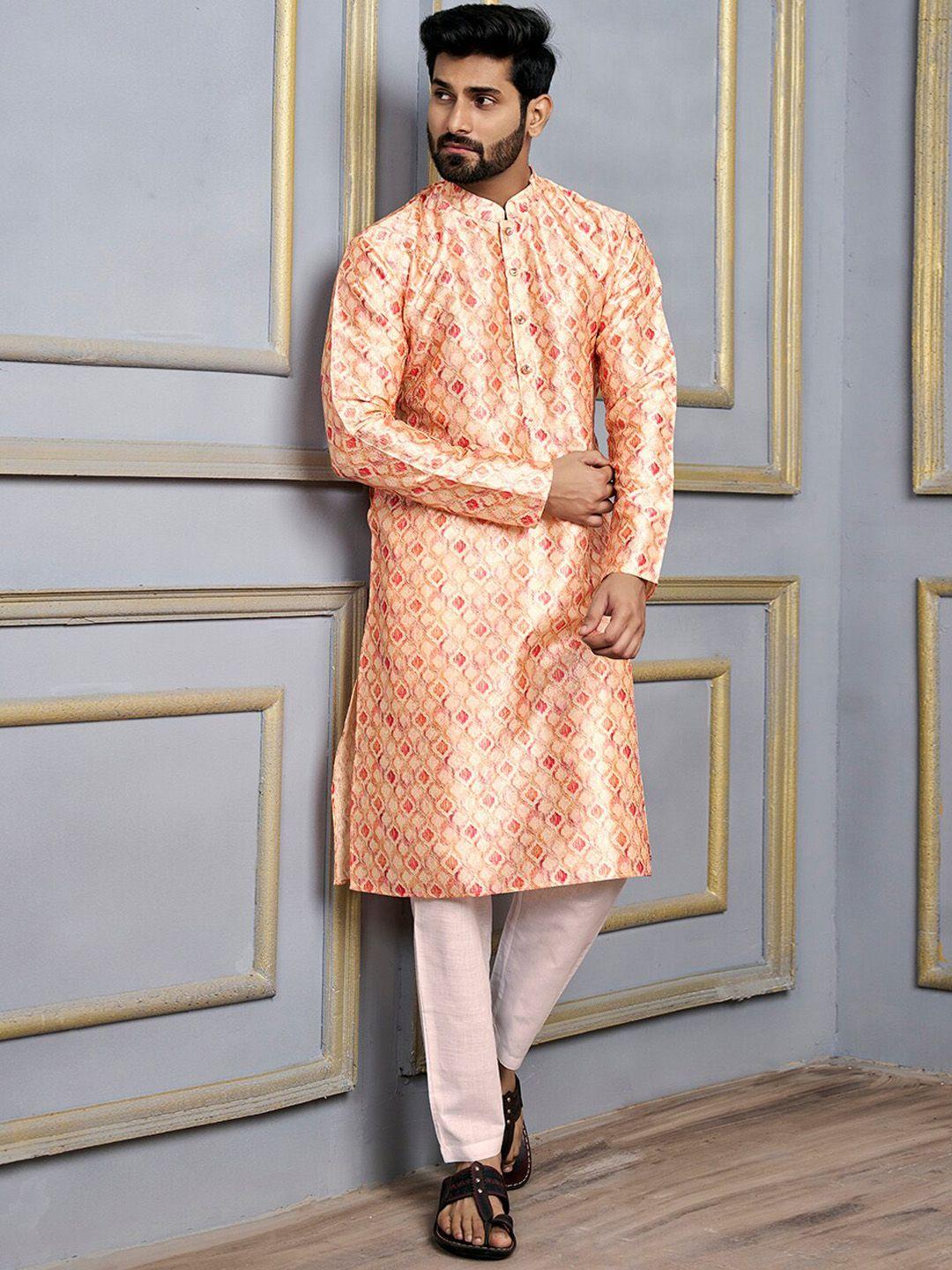 inddus geometric woven design mandarin collar regular kurta