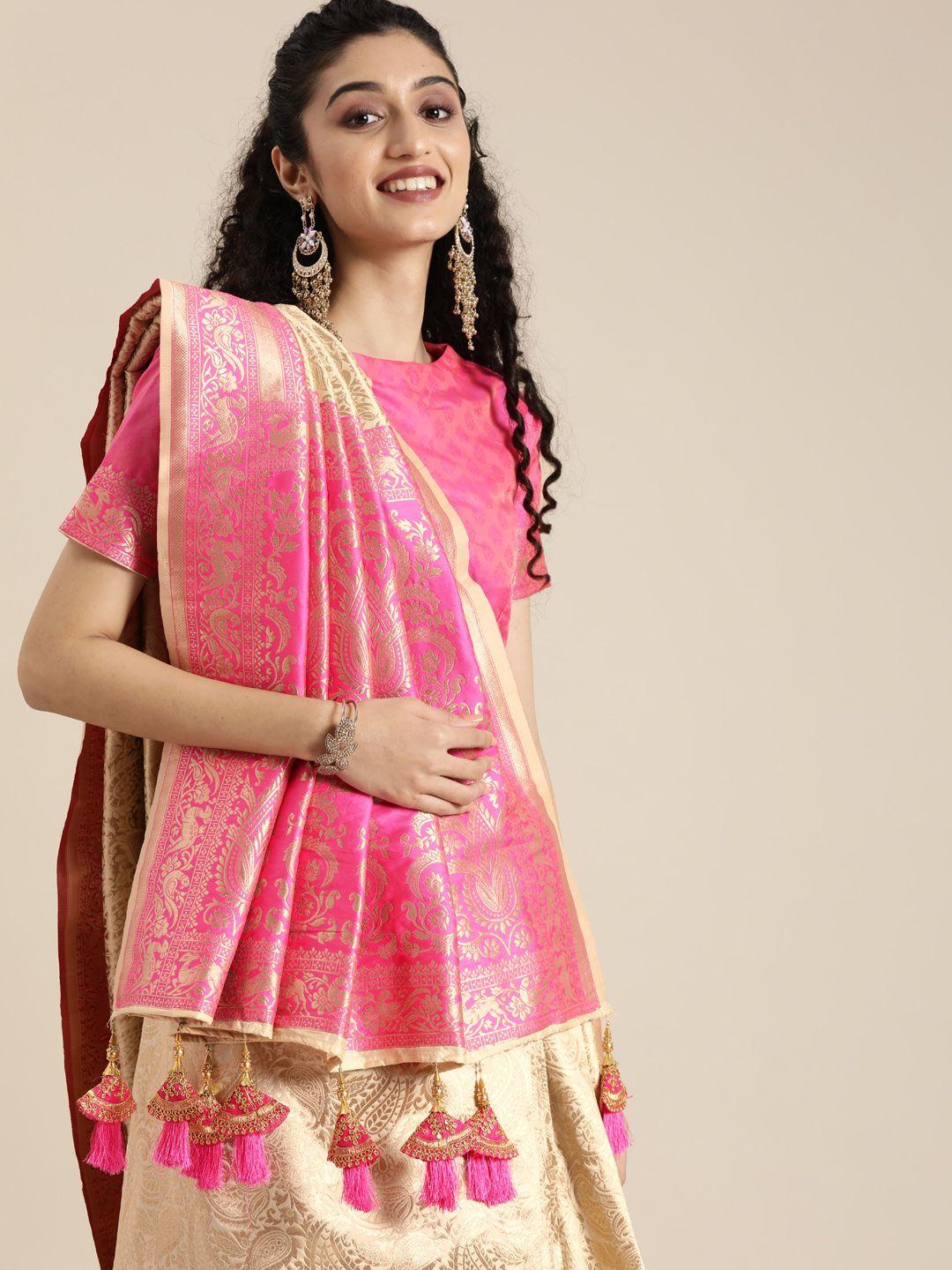 inddus golden & pink silk blend woven design banarasi saree