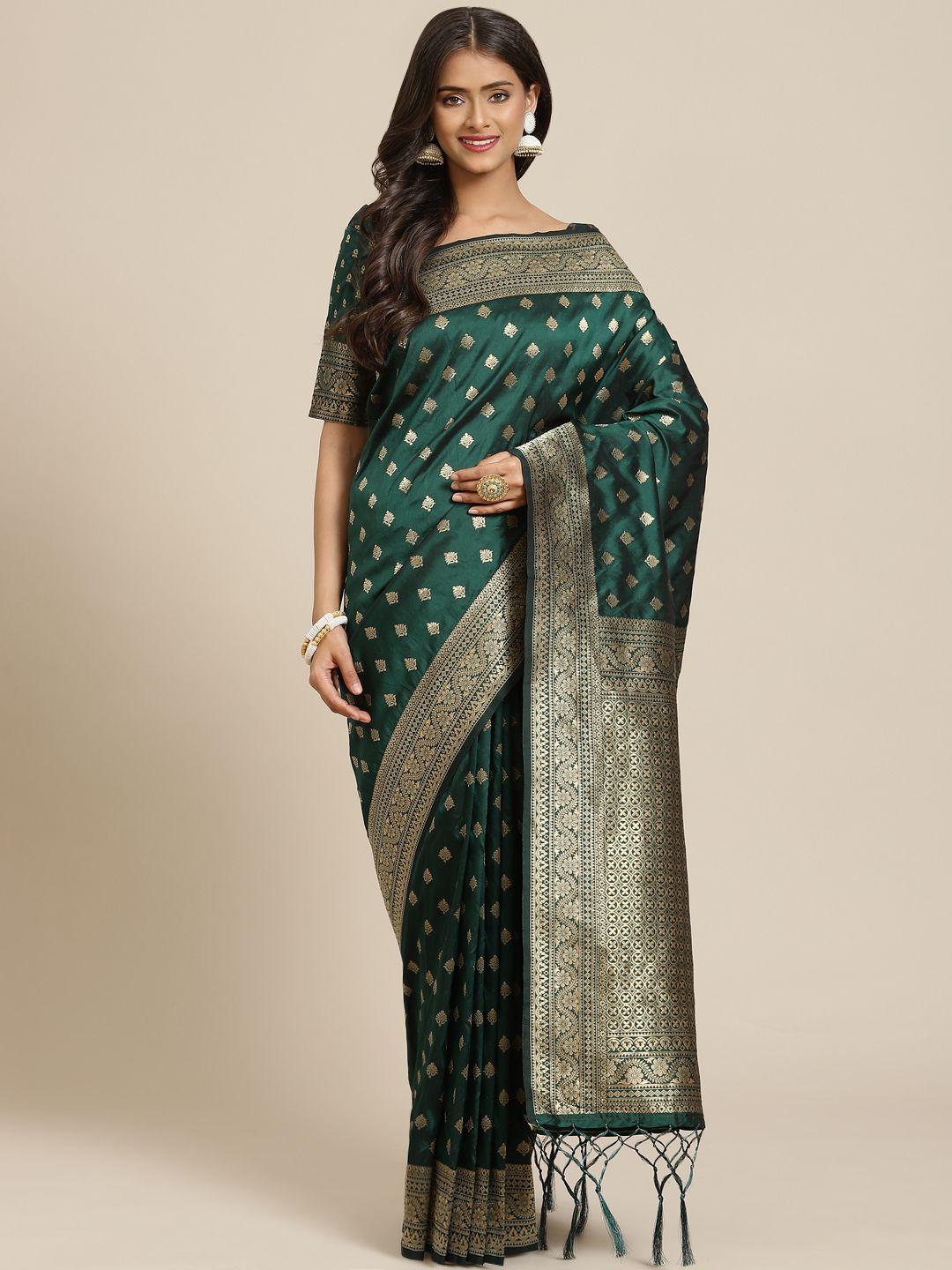 inddus green & golden ethnic motifs zari woven design banarasi saree