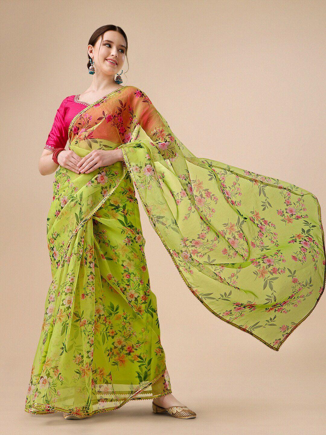 inddus green & pink floral printed gotta patti organza saree