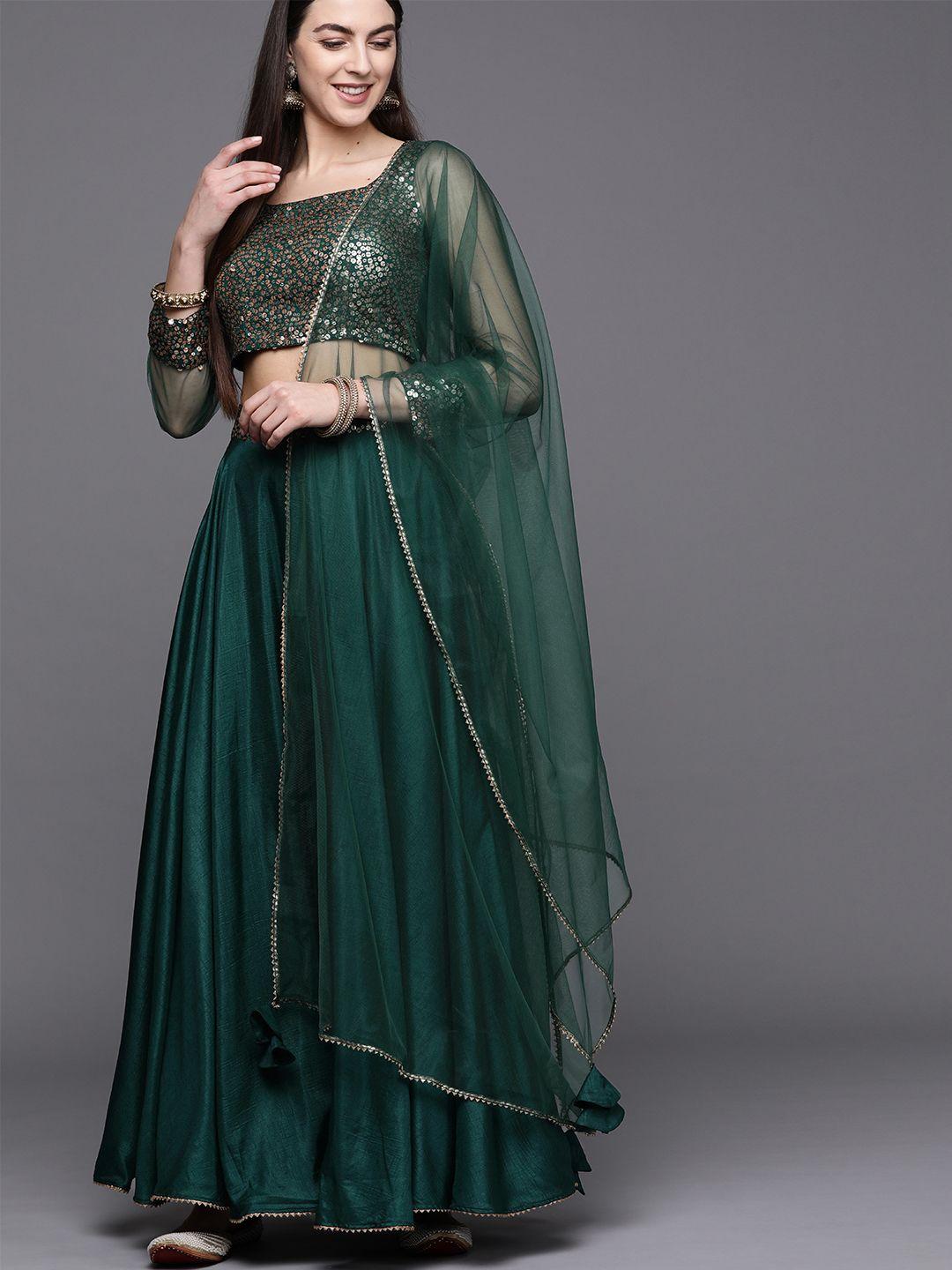 inddus green embellished semi-stitched lehenga & blouse with dupatta