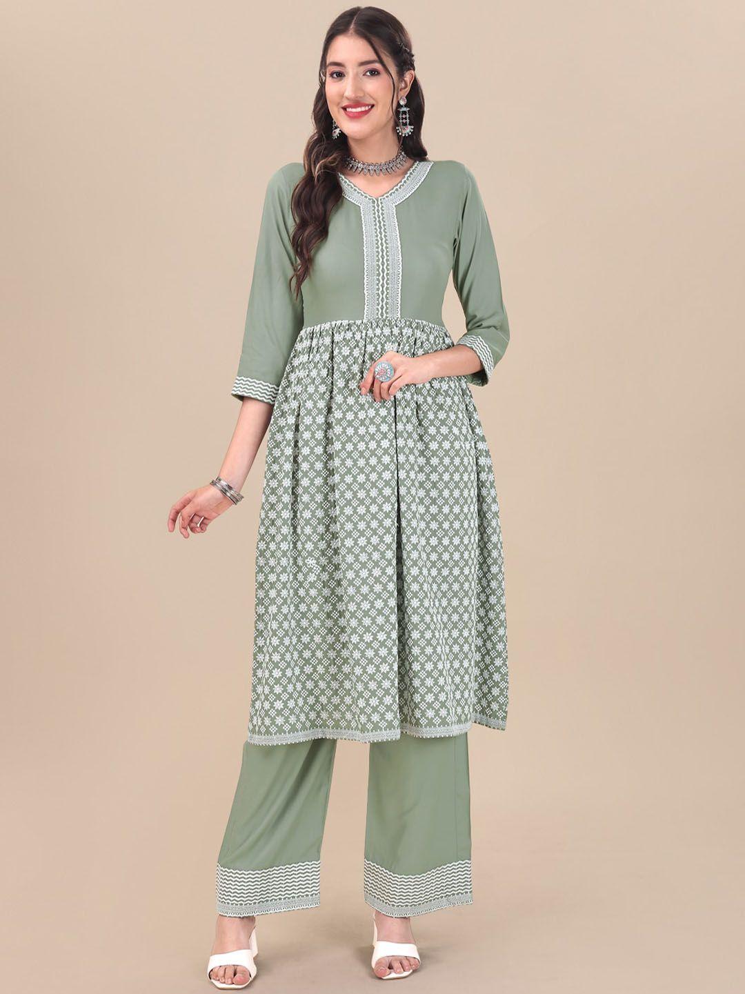 inddus green floral embroidered pure cotton a-line kurta with palazzos