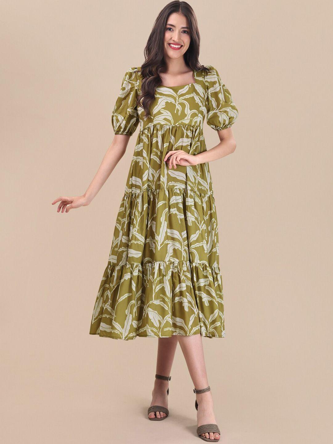 inddus green floral printed fit and flare puff sleeves tiered ethnic dresses