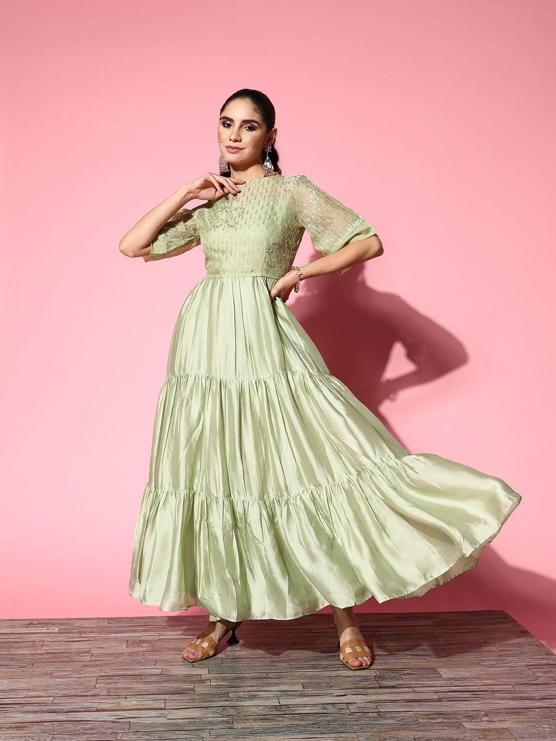 inddus green satin tiered maxi dress with embroidered jacket