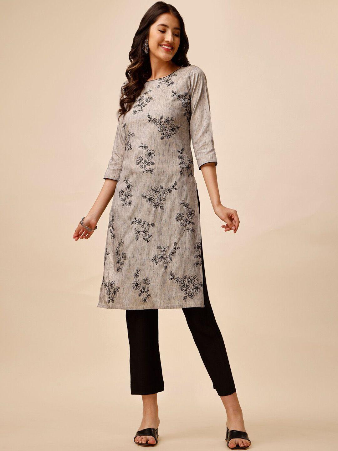 inddus grey & black floral embroidered thread work kurta with trousers
