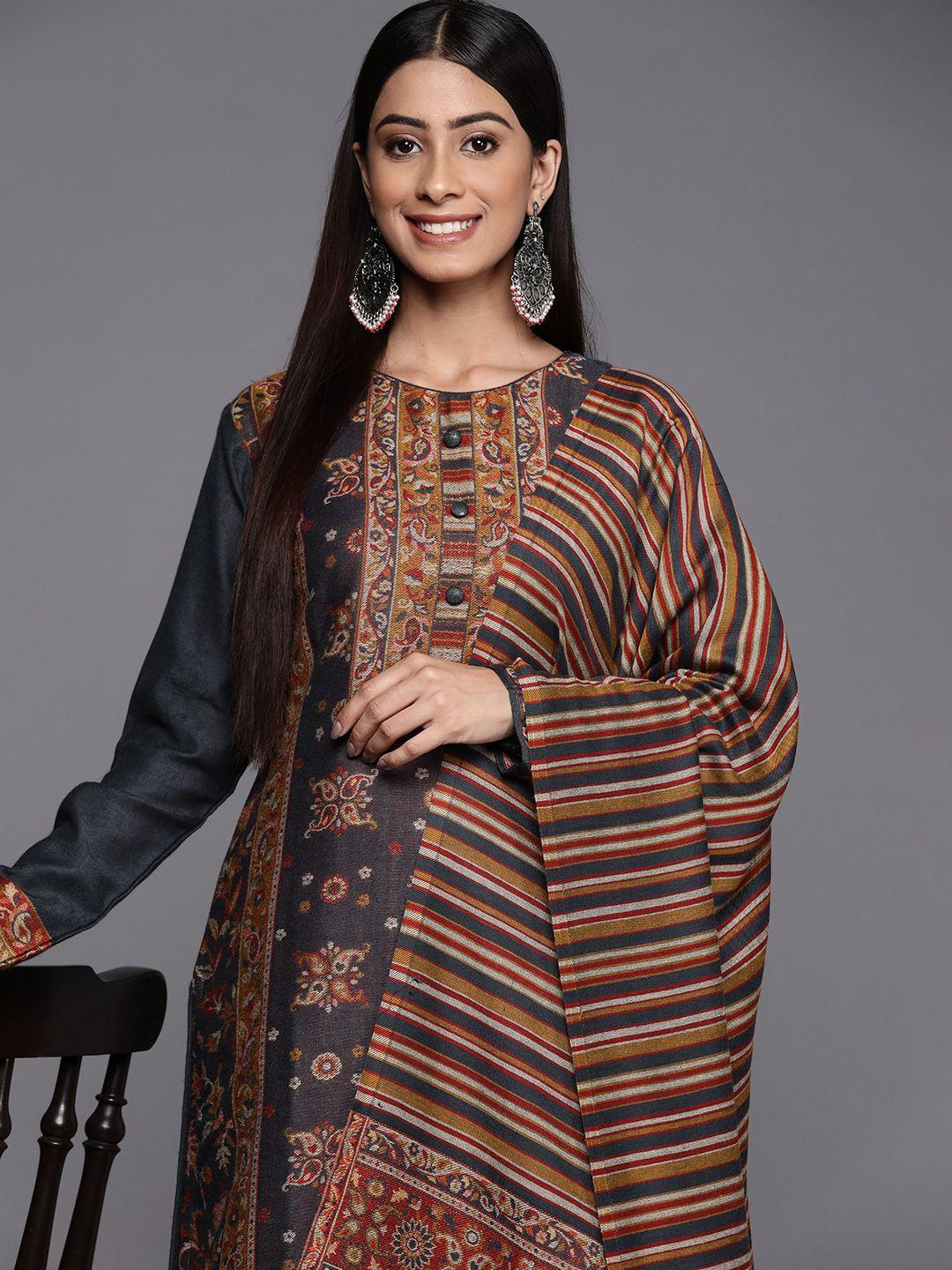 inddus grey & brown printed woven pashmina winter wear unstitched dress material