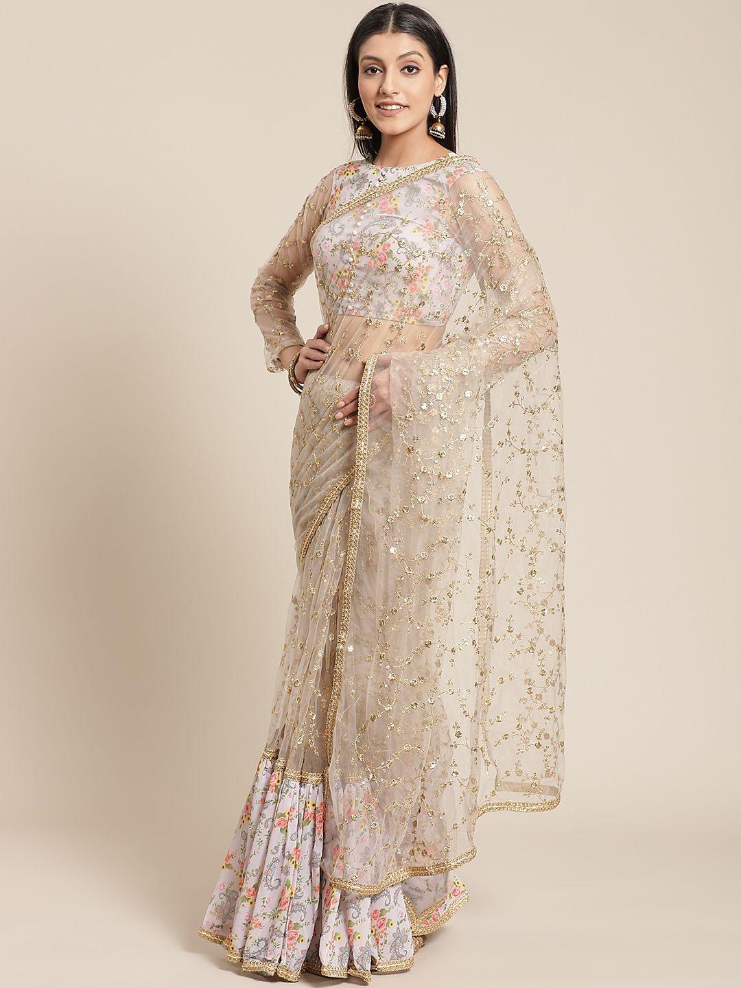 inddus grey & golden net embroidered ruffled saree