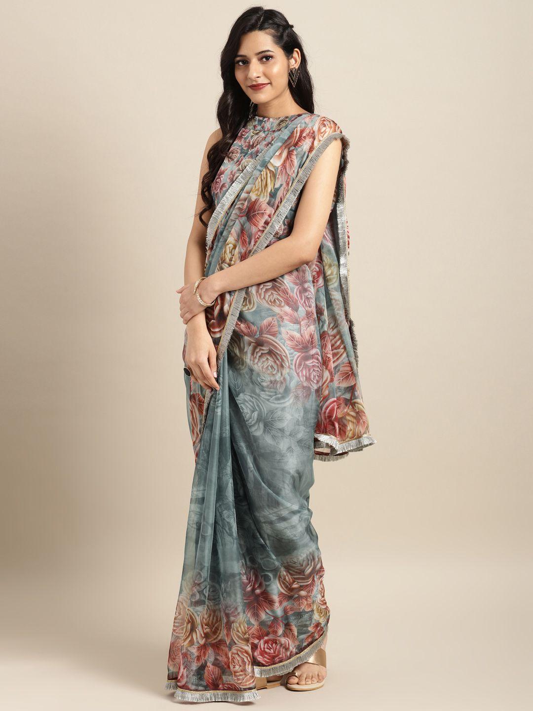 inddus grey & maroon organza printed saree