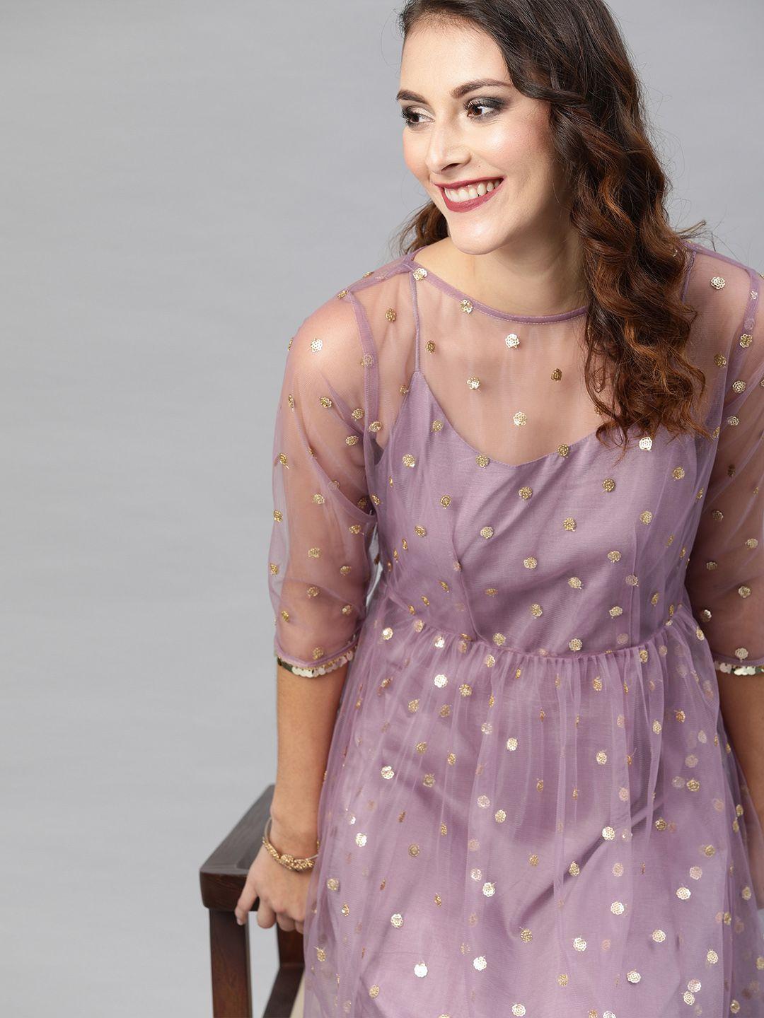 inddus lavender sequined embellished net semi-sheer fit and flare dress