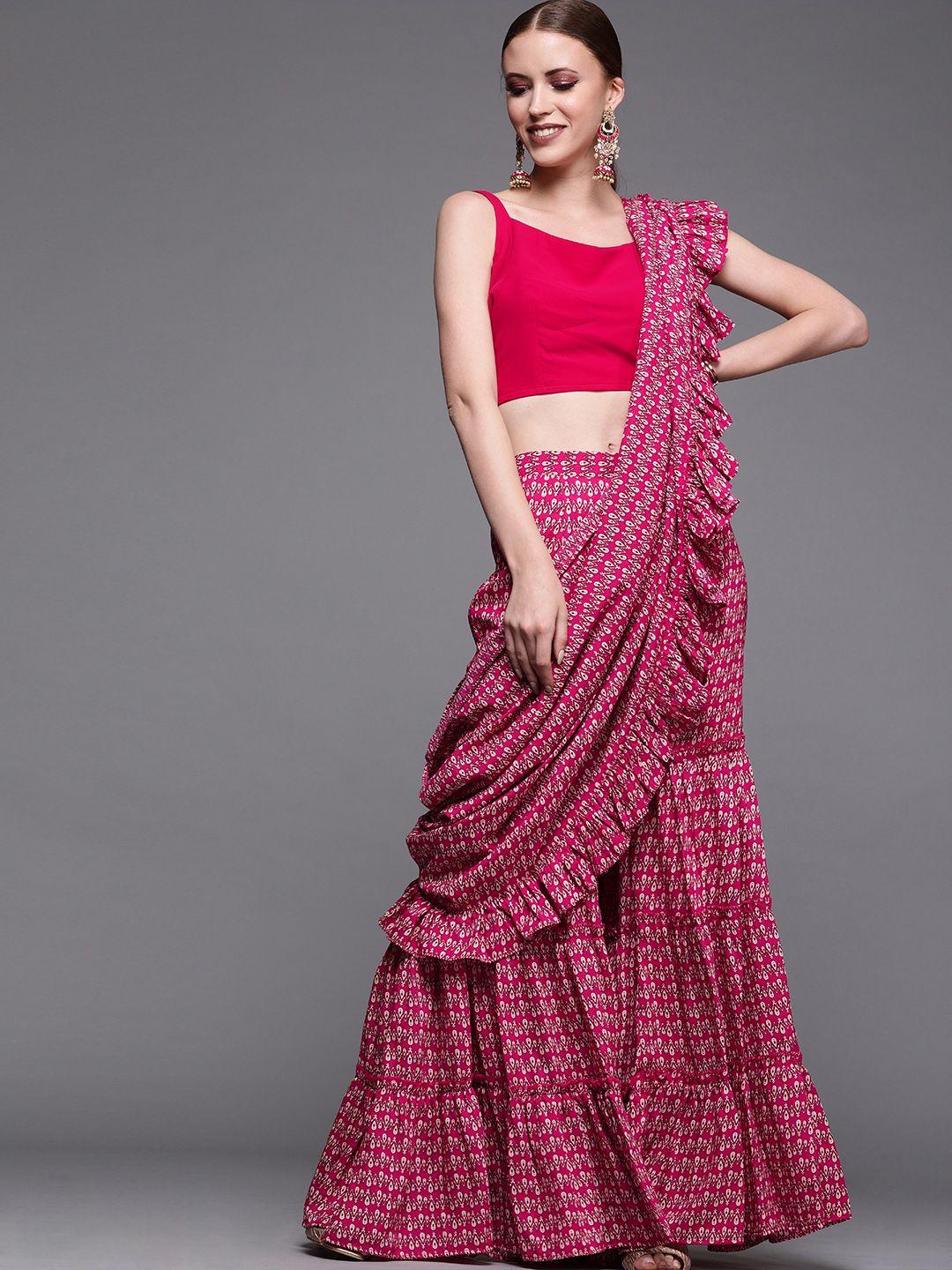 inddus magenta & beige silk blend printed ready to wear ruffled sharara saree