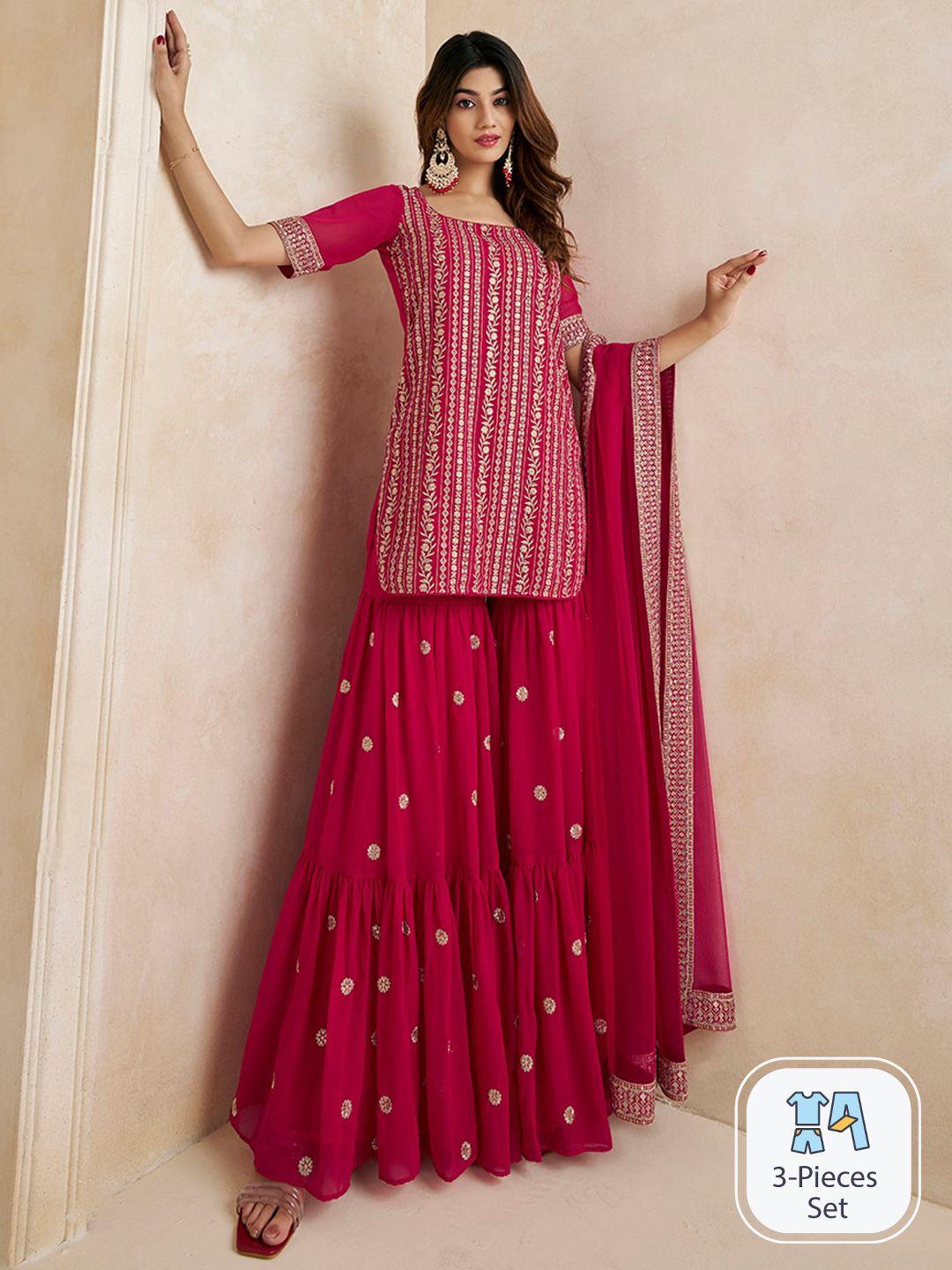 inddus magenta floral embroidered straight kurti & sharara with dupatta