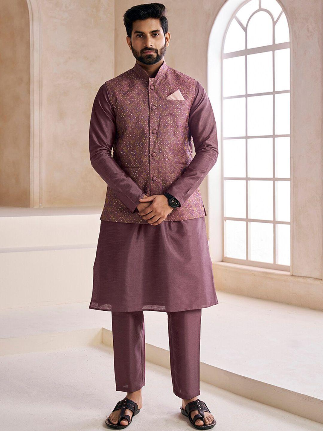 inddus mandarin collar regular kurta with trousers and embellished nehru jacket