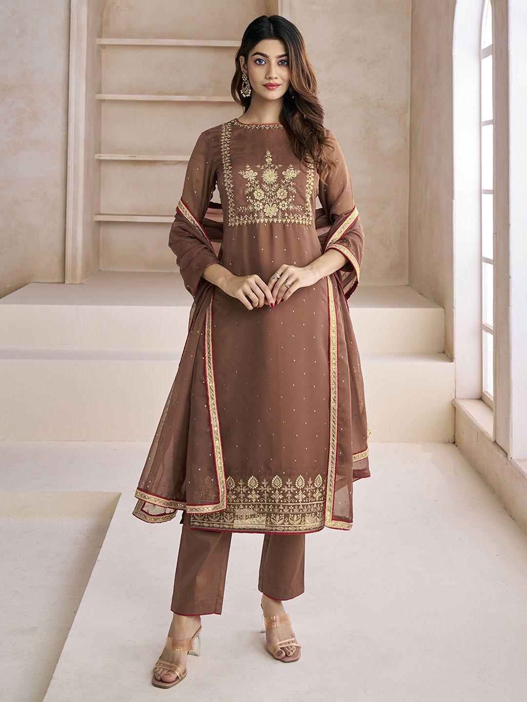 inddus maroon embroidered beads & stones kurta & trousers with dupatta