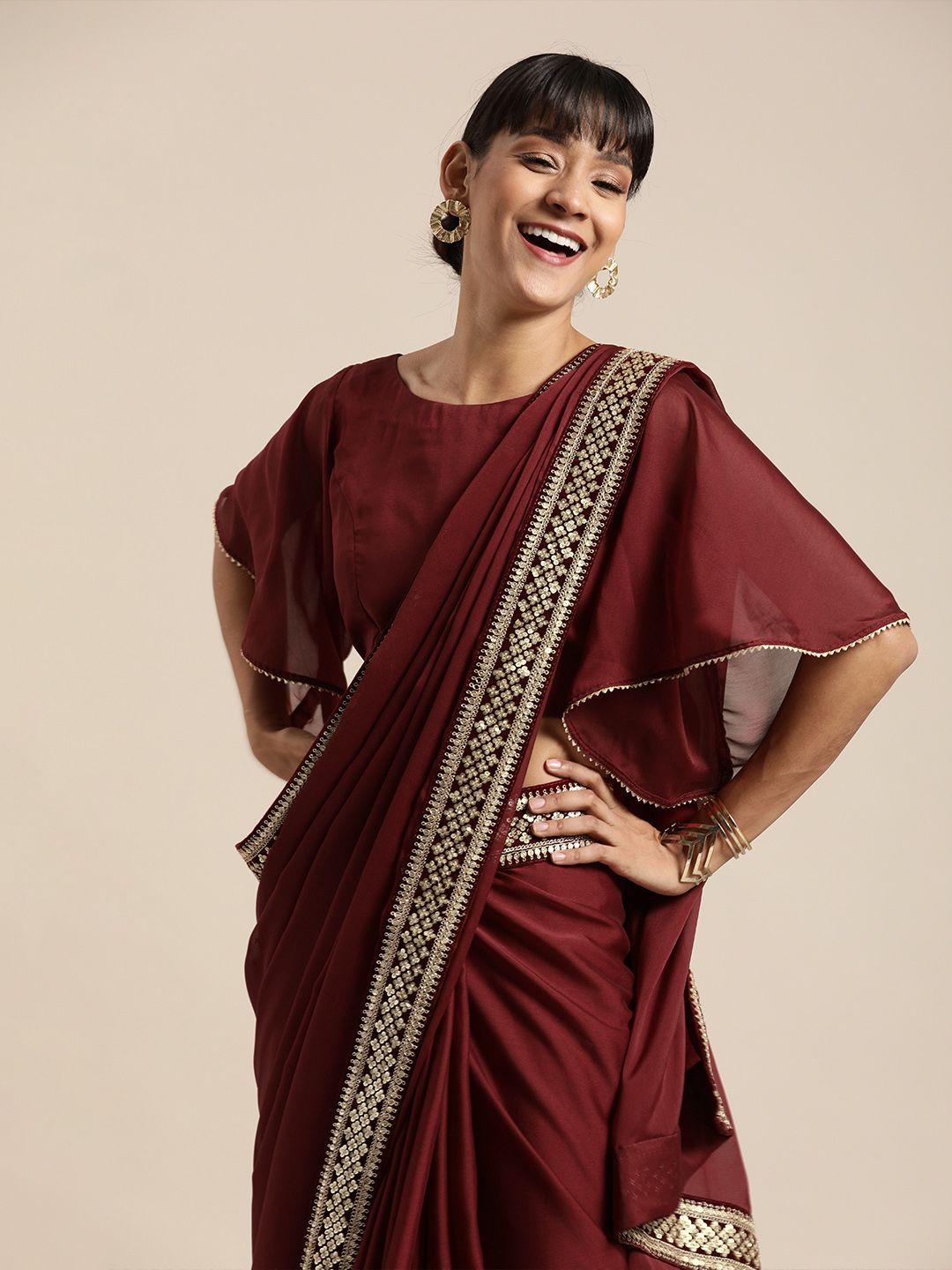 inddus maroon solid silk blend saree with sequinned detail