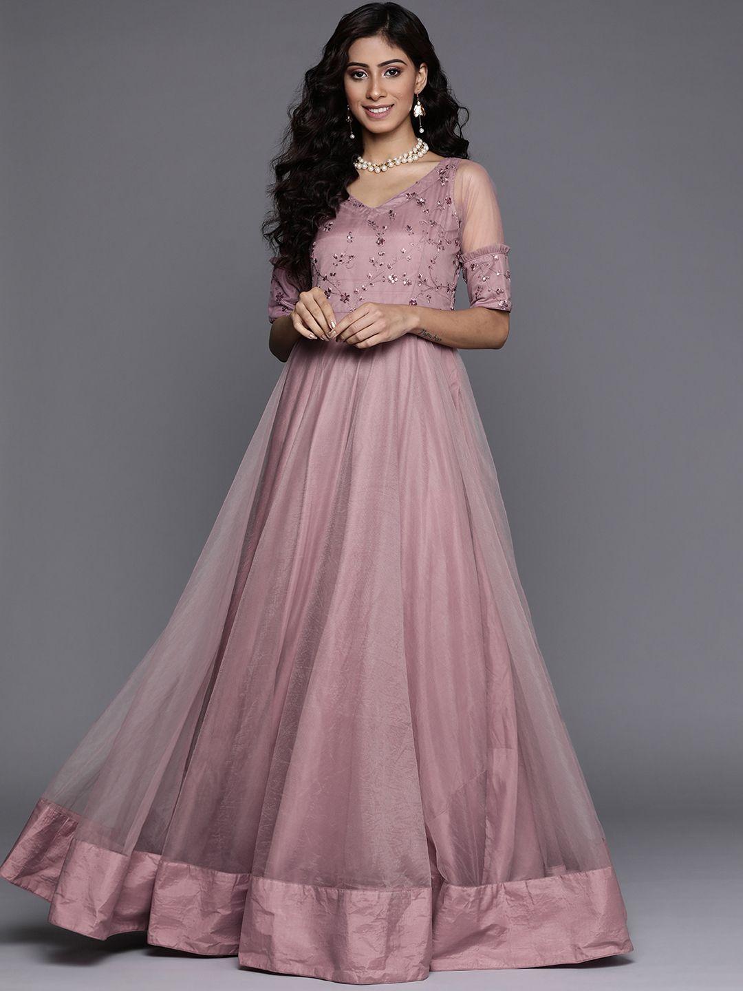 inddus mauve ethnic motifs sequins embroidered sheer gown