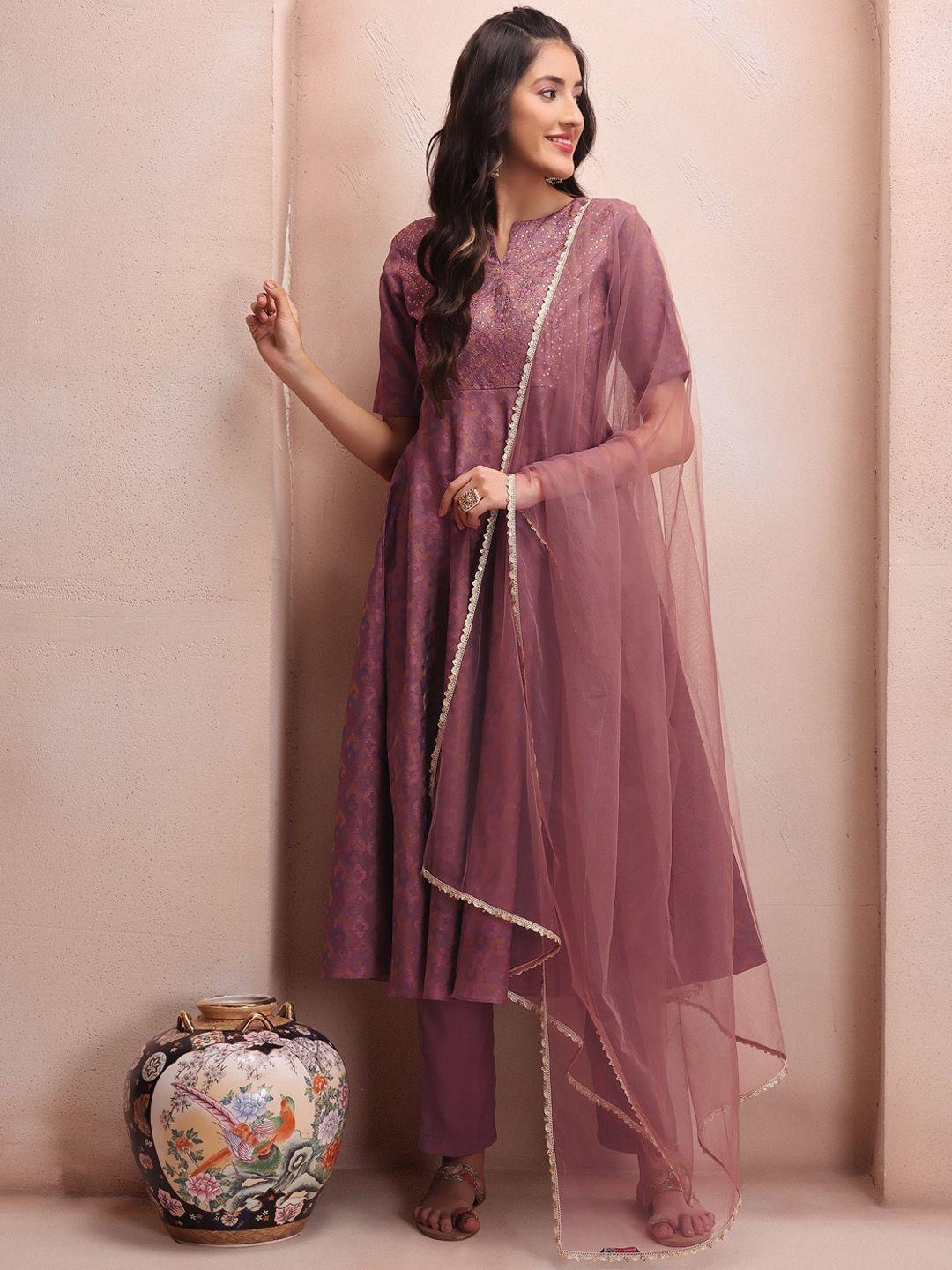 inddus mauve woven design sequinned a-line kurta & trousers with dupatta