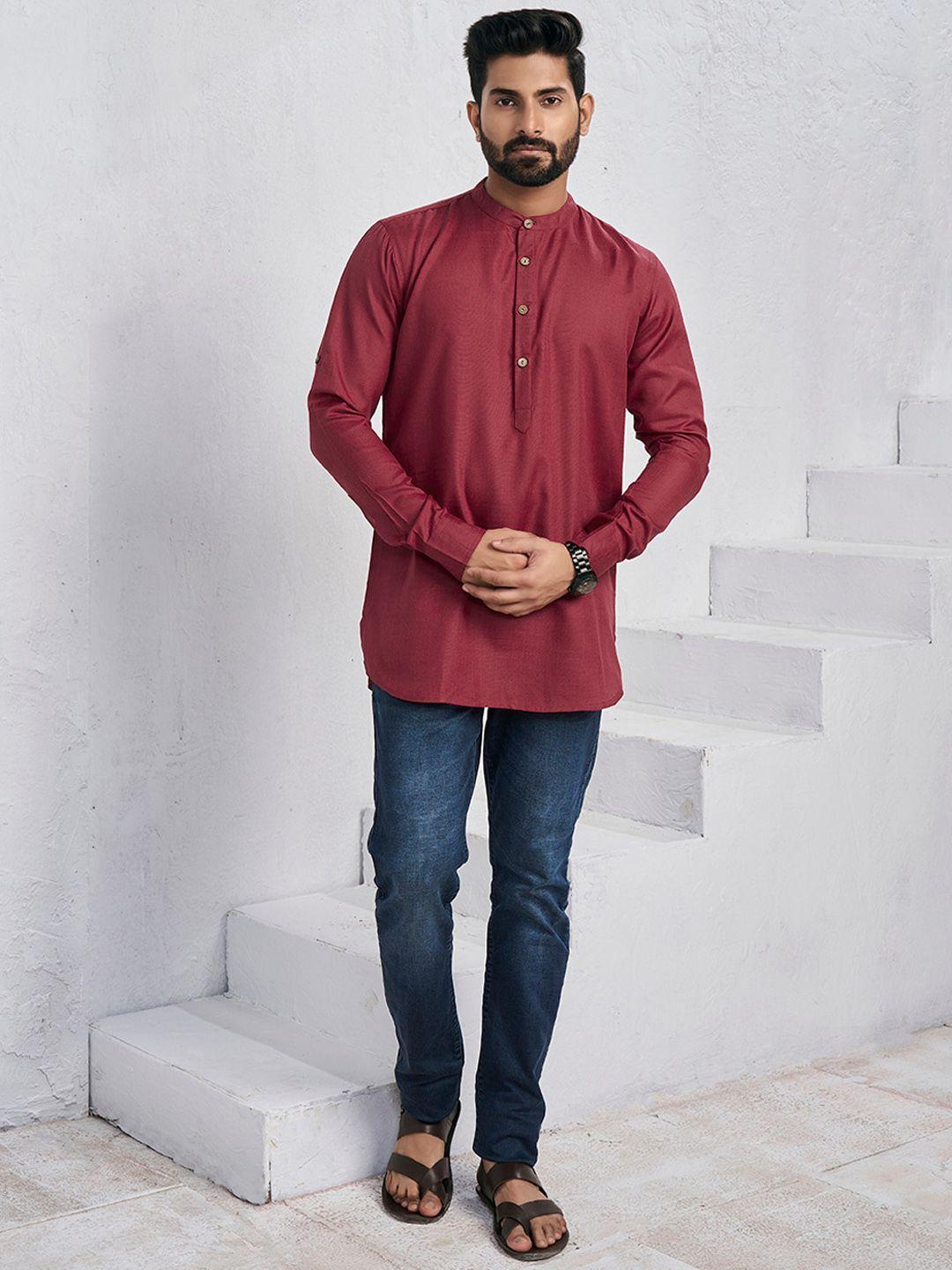 inddus men band collar straight regular cotton short kurta