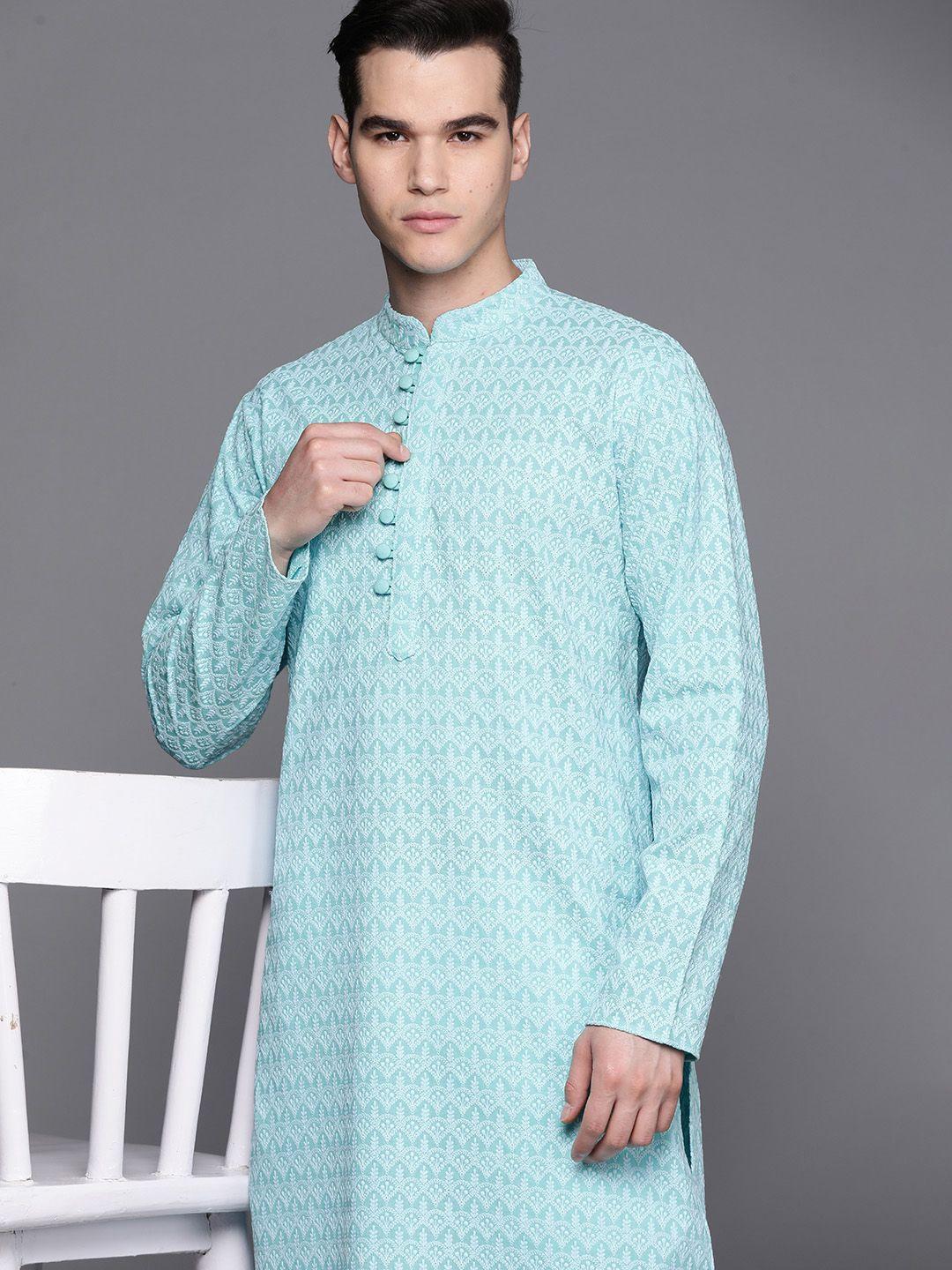 inddus men blue ethnic motifs embroidered chikankari pure cotton kurta with trousers