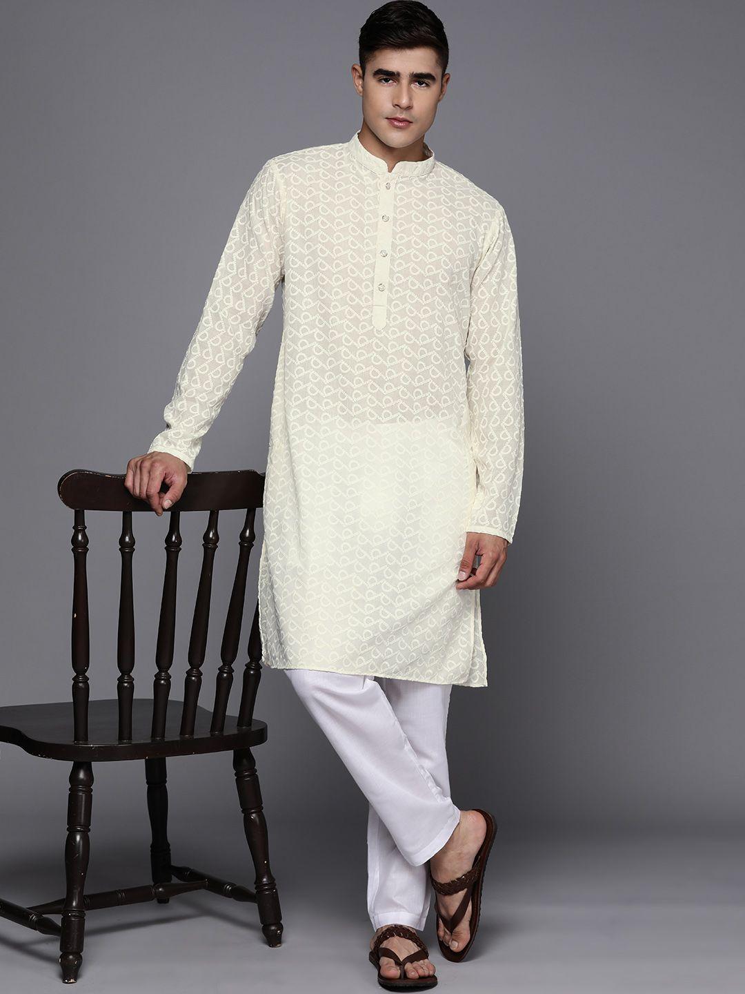 inddus men ethnic motifs embroidered regular chikankari kurta with trousers