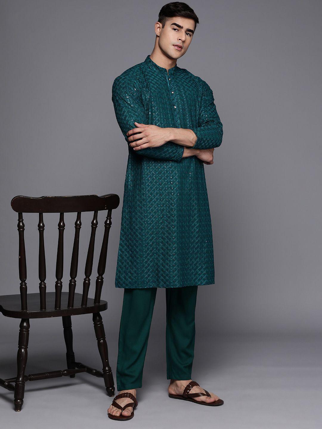 inddus men ethnic motifs embroidered regular sequinned kurta with trousers