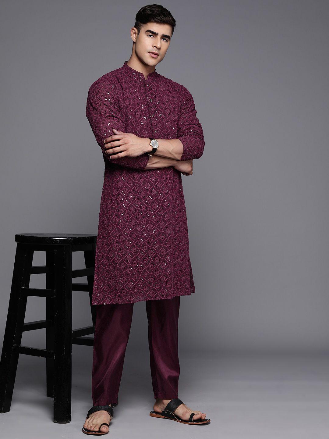 inddus men ethnic motifs embroidered sequinned chikankari kurta with trousers