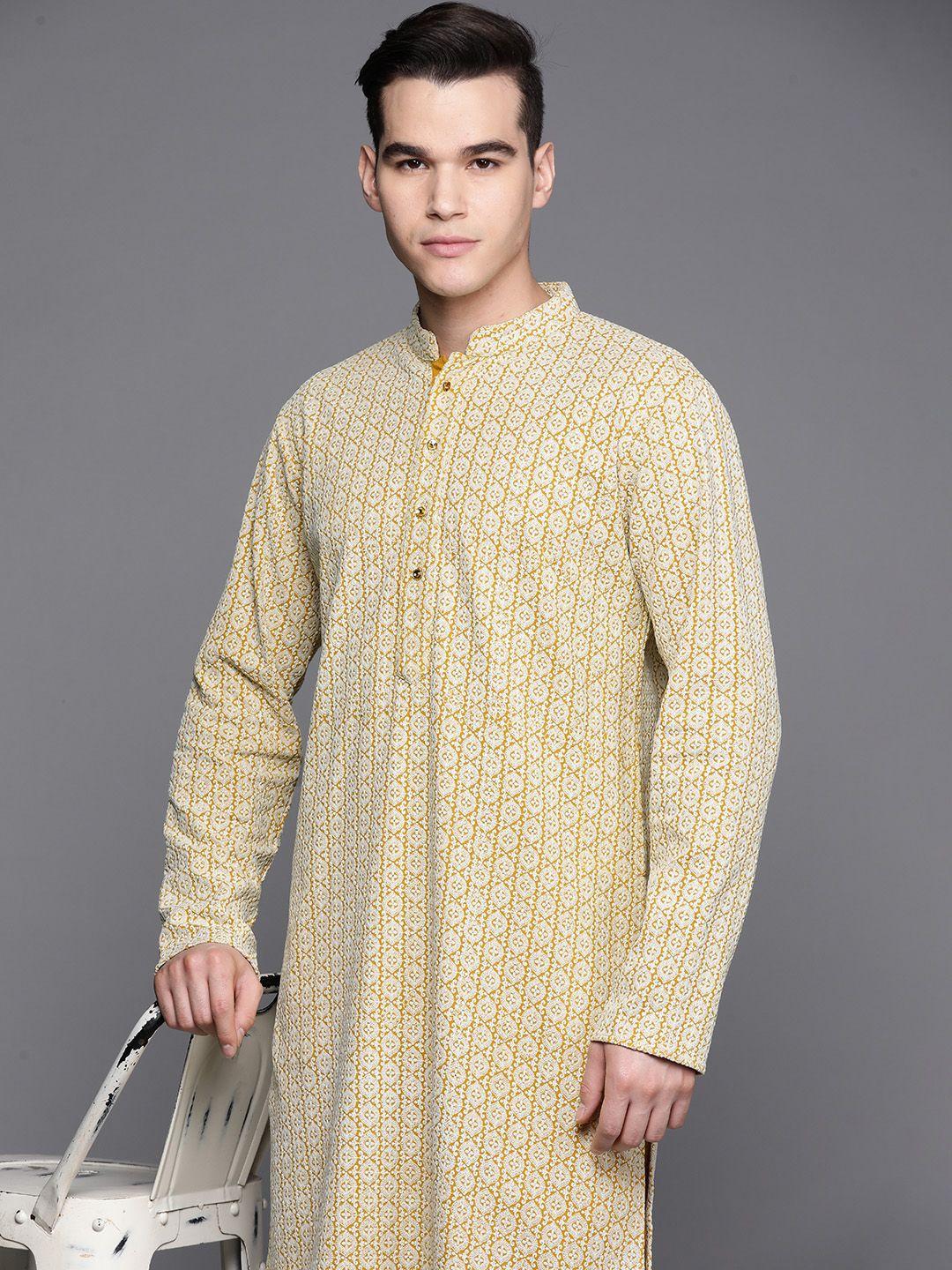 inddus men mustard yellow ethnic motifs embroidered chikankari pure cotton kurta with trousers
