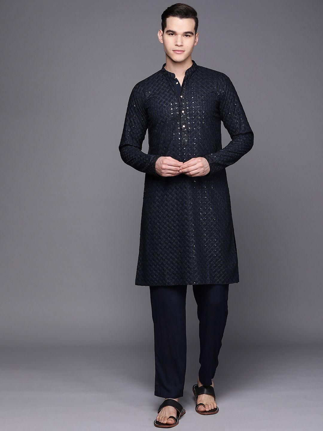 inddus men navy blue ethnic motifs embroidered chikankari kurta with trousers