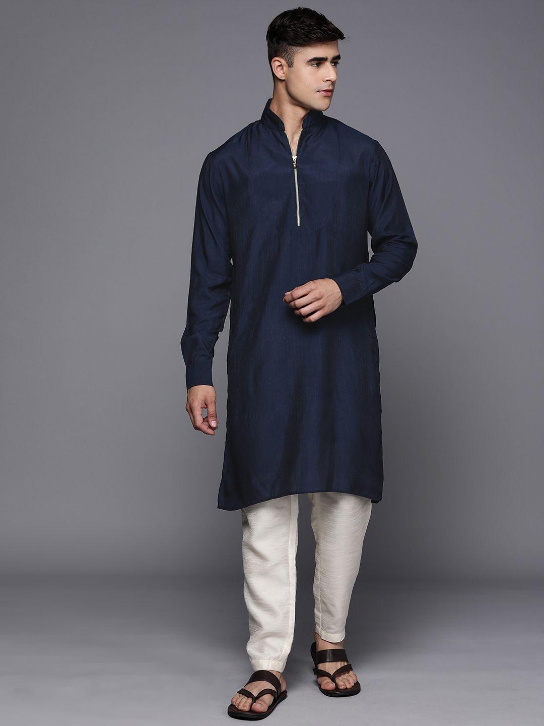 inddus men solid straight indigo kurta