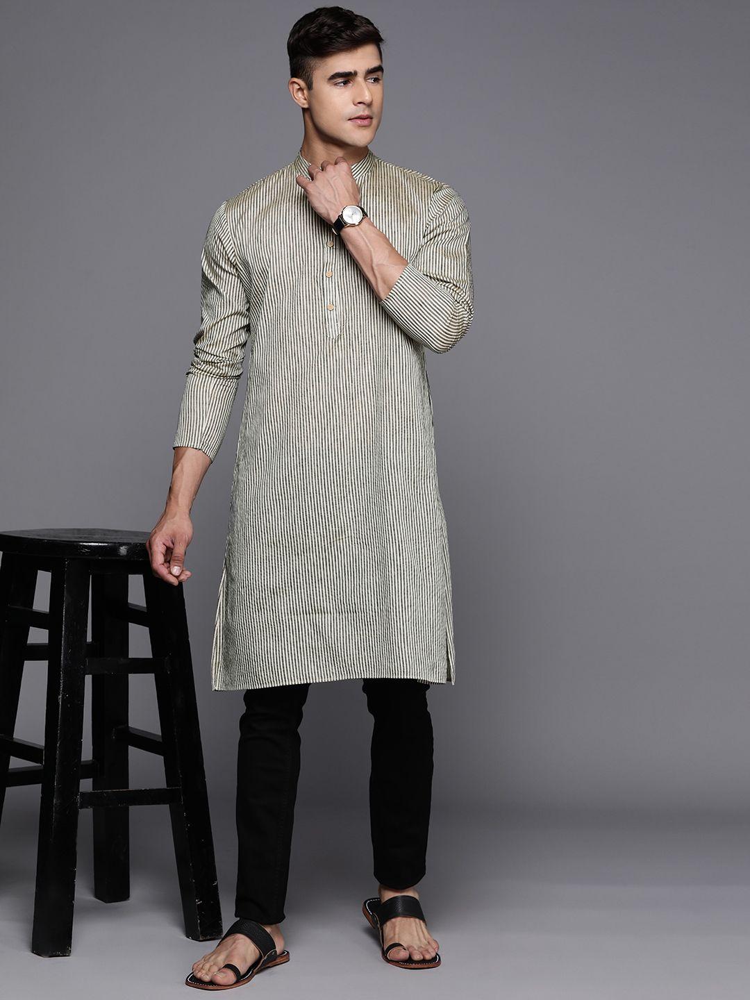 inddus men striped mandarin collar kurta