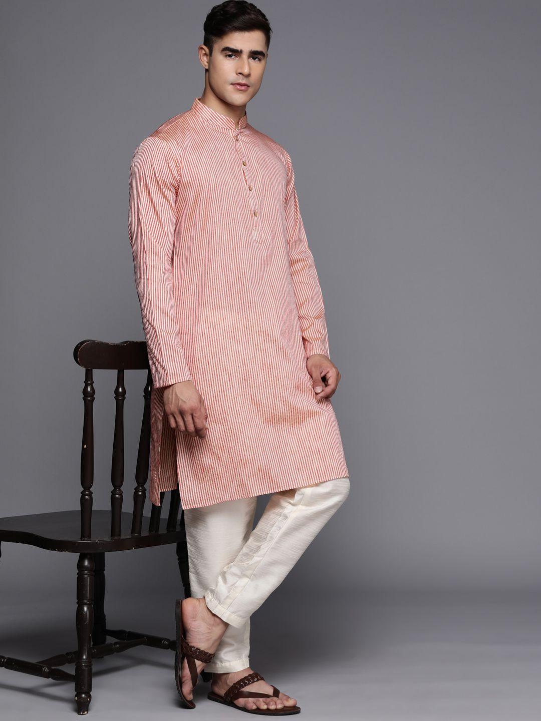 inddus men striped mandarin collar kurta