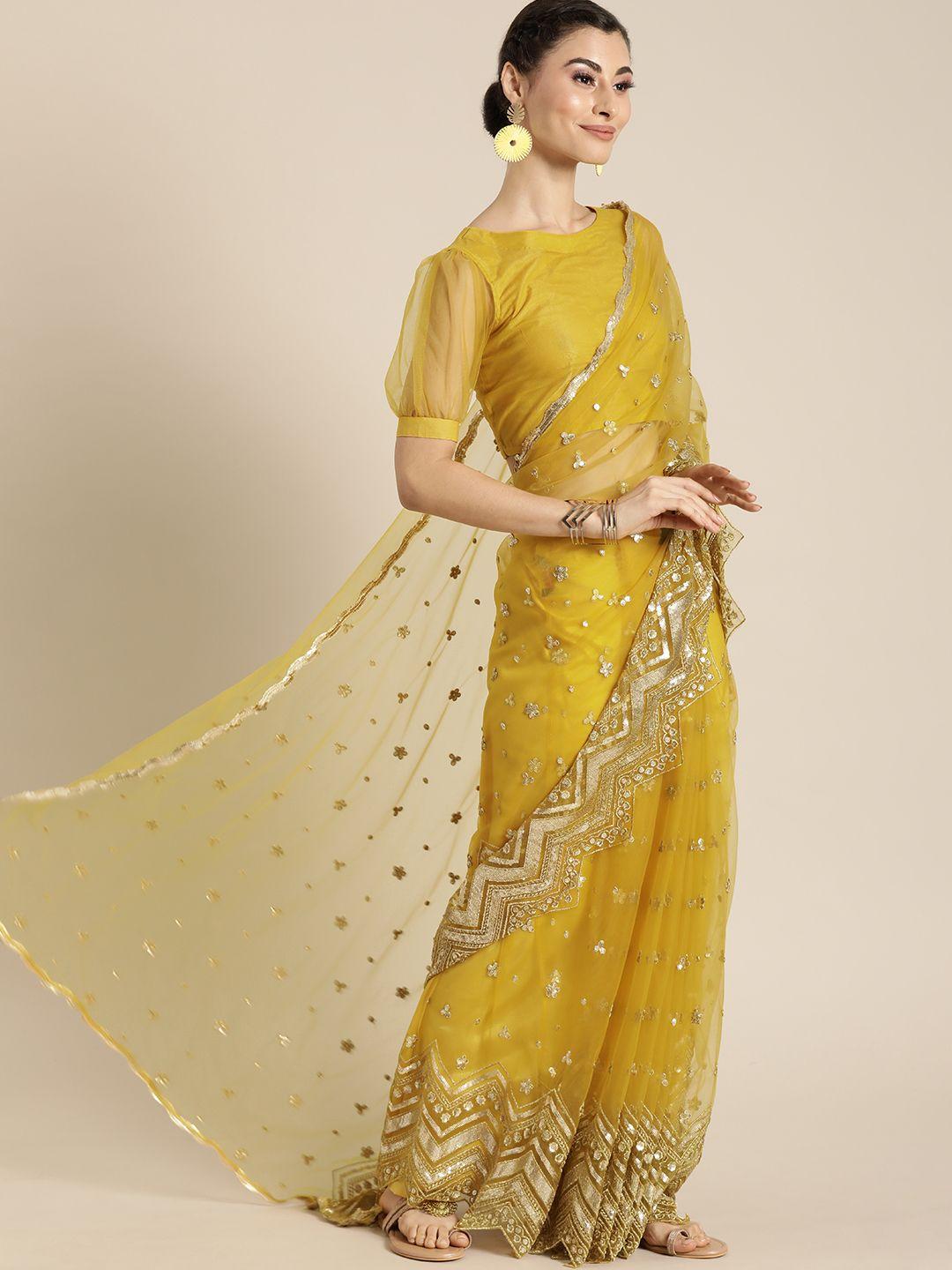 inddus mustard yellow & gold-toned net embroidered saree