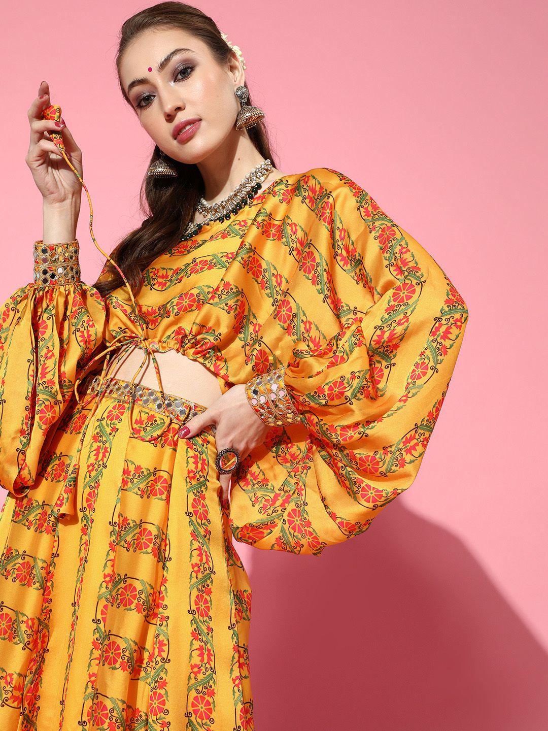 inddus mustard yellow & pink ethnic motifs ethnic co-ordinate sets dress