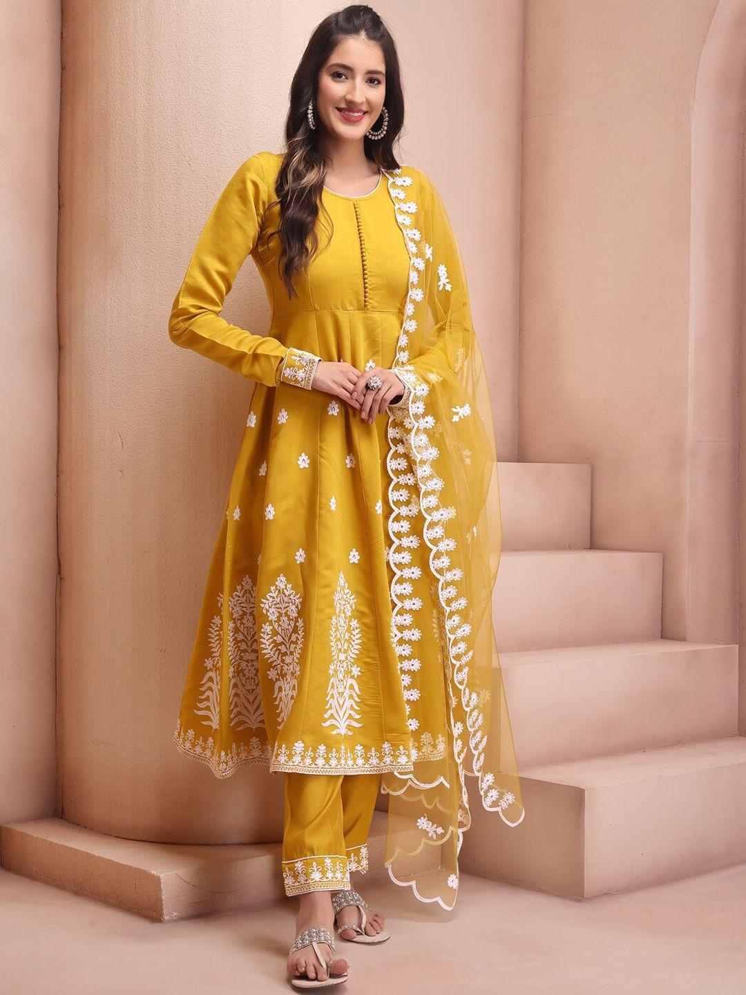 inddus mustard yellow embroidered chanderi cotton anarkali kurta & trouser with dupatta