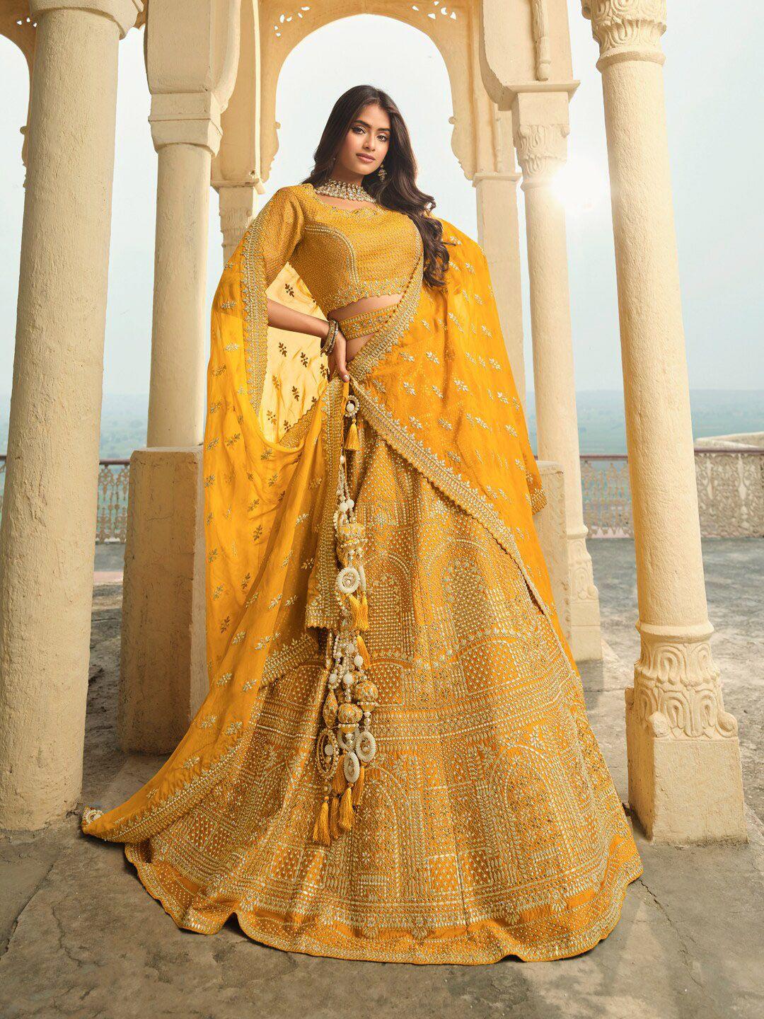 inddus mustard yellow embroidered semi-stitched lehenga & unstitched blouse with dupatta