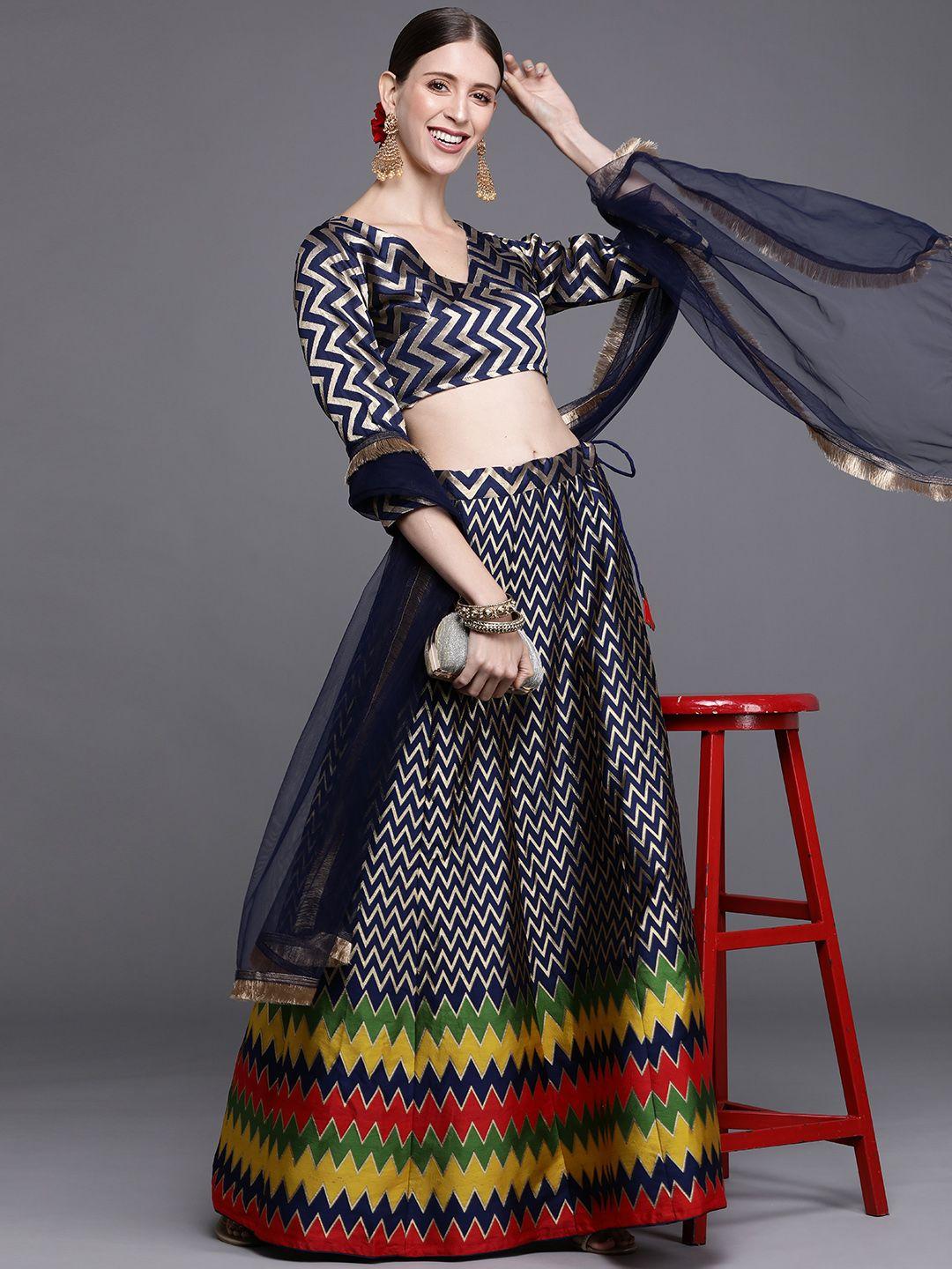 inddus navy blue & gold-toned semi-stitched lehenga & unstitched blouse with dupatta