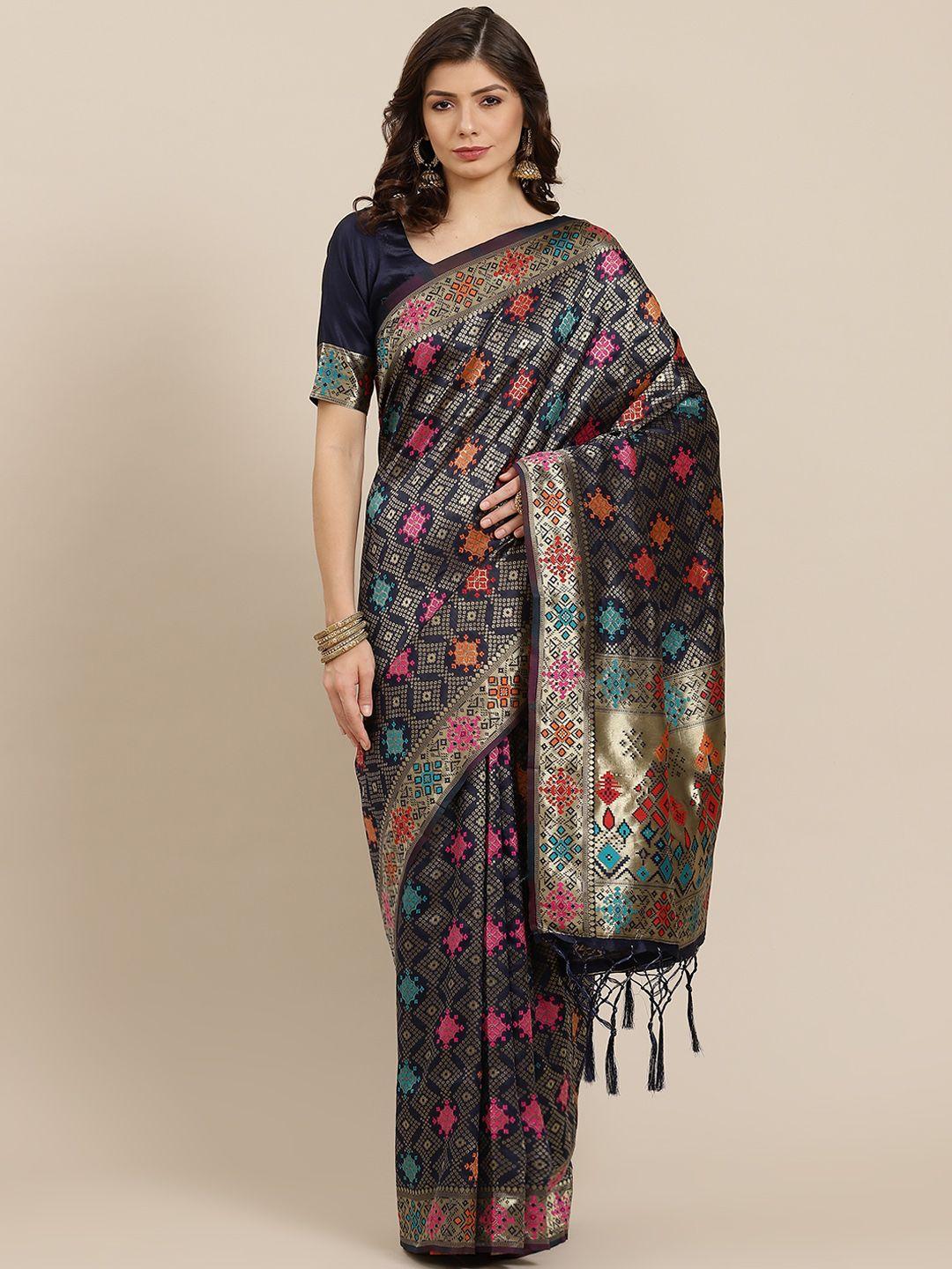 inddus navy blue & golden woven design zari silk blend saree